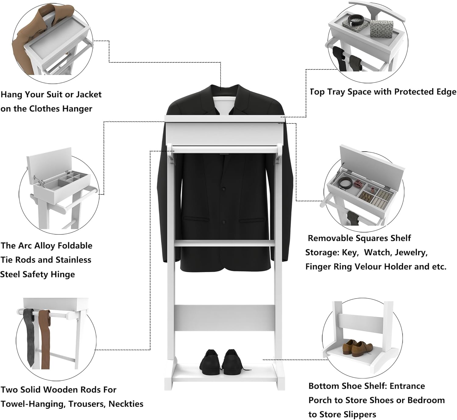 Wooden Valet Stand for Men, Modern Mens Valet Stand with Tray Organizer, Shoe Shelf, Hanging Rod & Suit Rack, Freestanding Clothes Rack for Bedroom Entryway Office, White