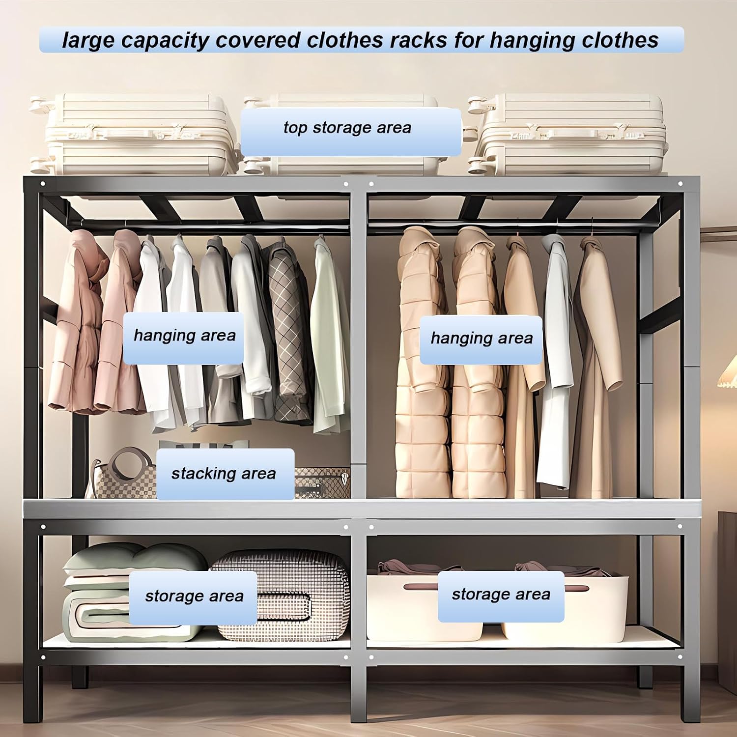 Heavy Duty Rolling Covered Metal Garment Rack with Lockable Wheels and Door, Load 2000lbs, Portable Closets for Hanging Clothes, Large Capacity 360°Enclosed Clothing Racks (A, 70.9in/180cm)