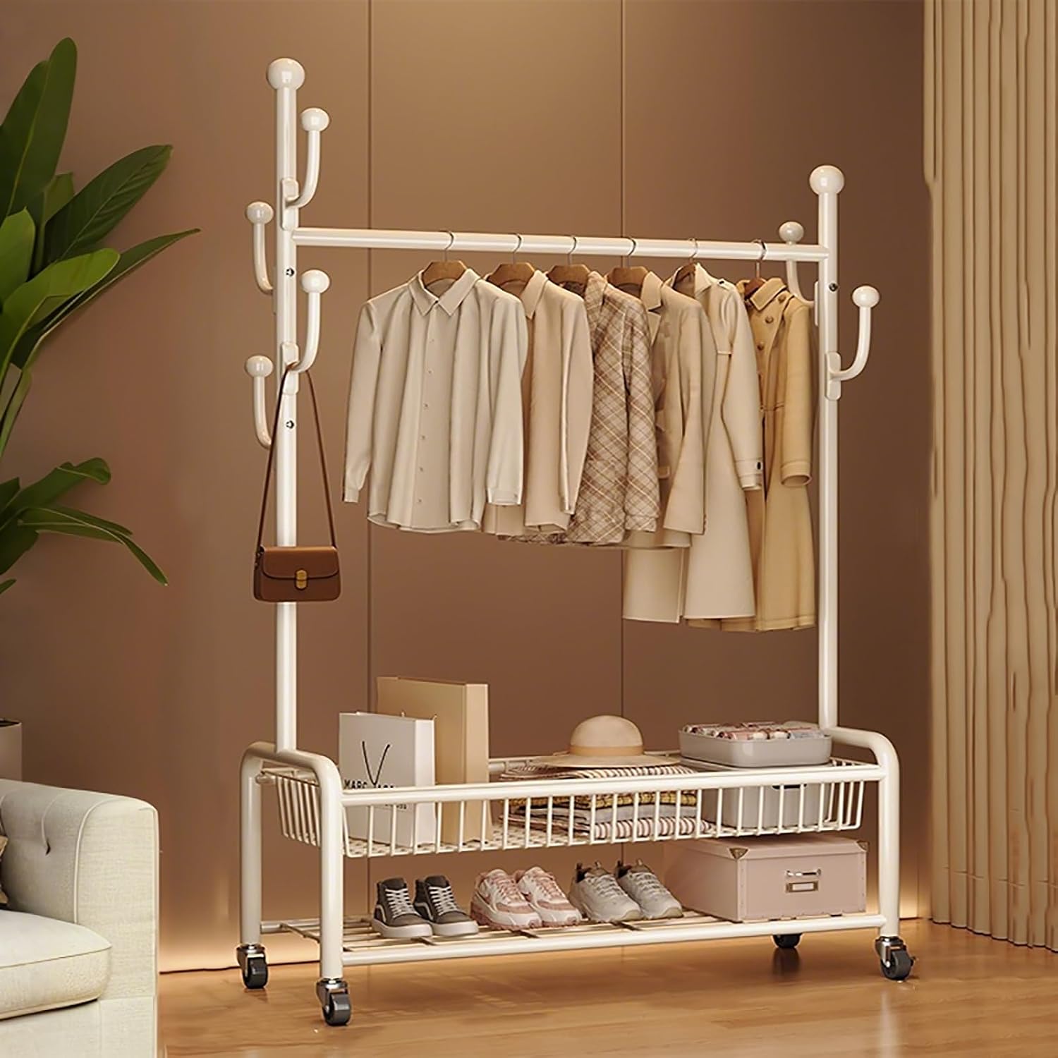 Clothes Rack With Storage Basket For Hanging Clothes,Rolling Heavy Duty Clothing Rack With Wheels,Metal Garment Racks With Coat/Hat Hooks,Freestanding Clothing Organizer(White,100cm(39.4in))