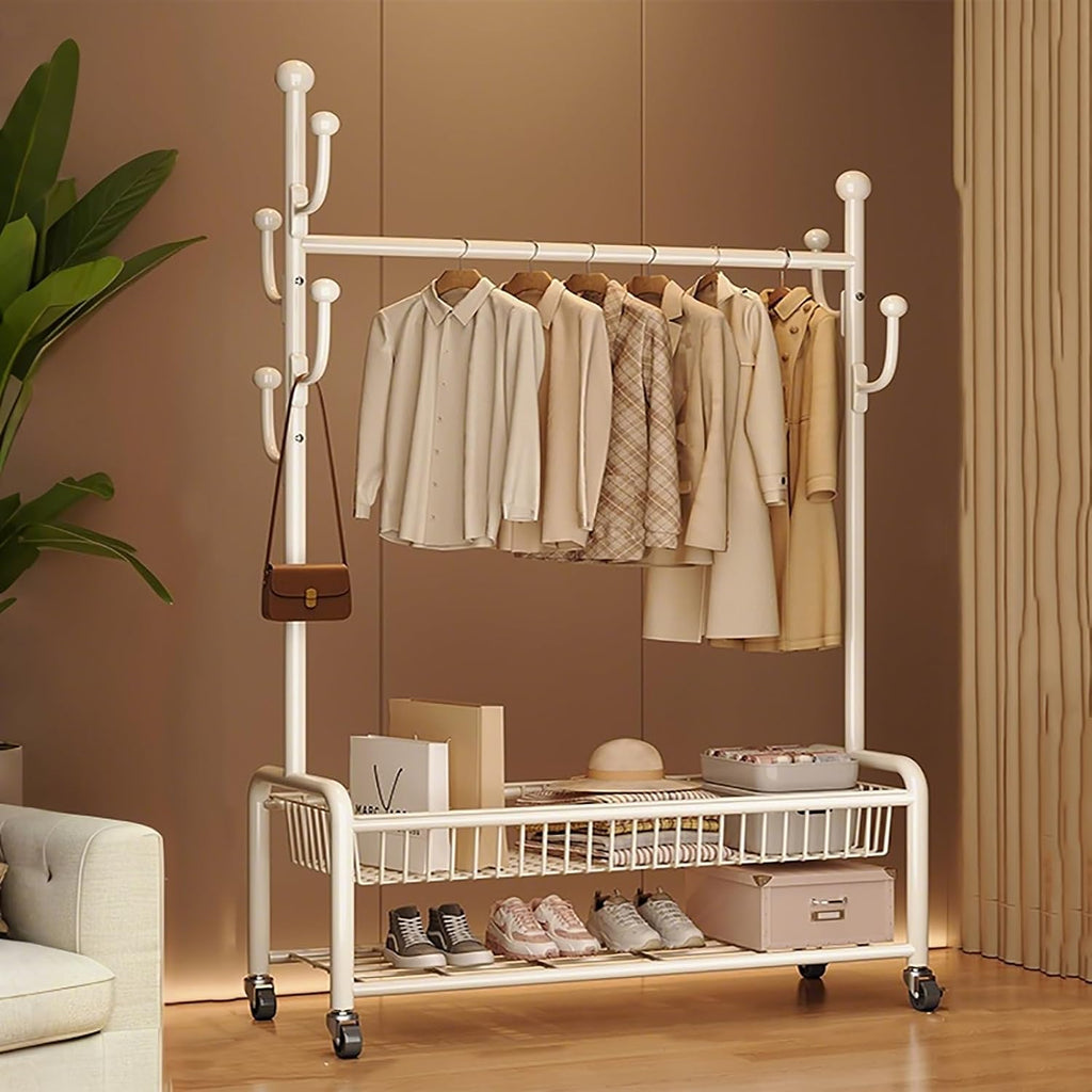 Clothes Rack With Storage Basket For Hanging Clothes,Rolling Heavy Duty Clothing Rack With Wheels,Metal Garment Racks With Coat/Hat Hooks,Freestanding Clothing Organizer(White,80cm(31.5in))