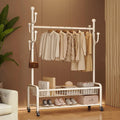 Clothes Rack With Storage Basket For Hanging Clothes,Rolling Heavy Duty Clothing Rack With Wheels,Metal Garment Racks With Coat/Hat Hooks,Freestanding Clothing Organizer(White,80cm(31.5in))