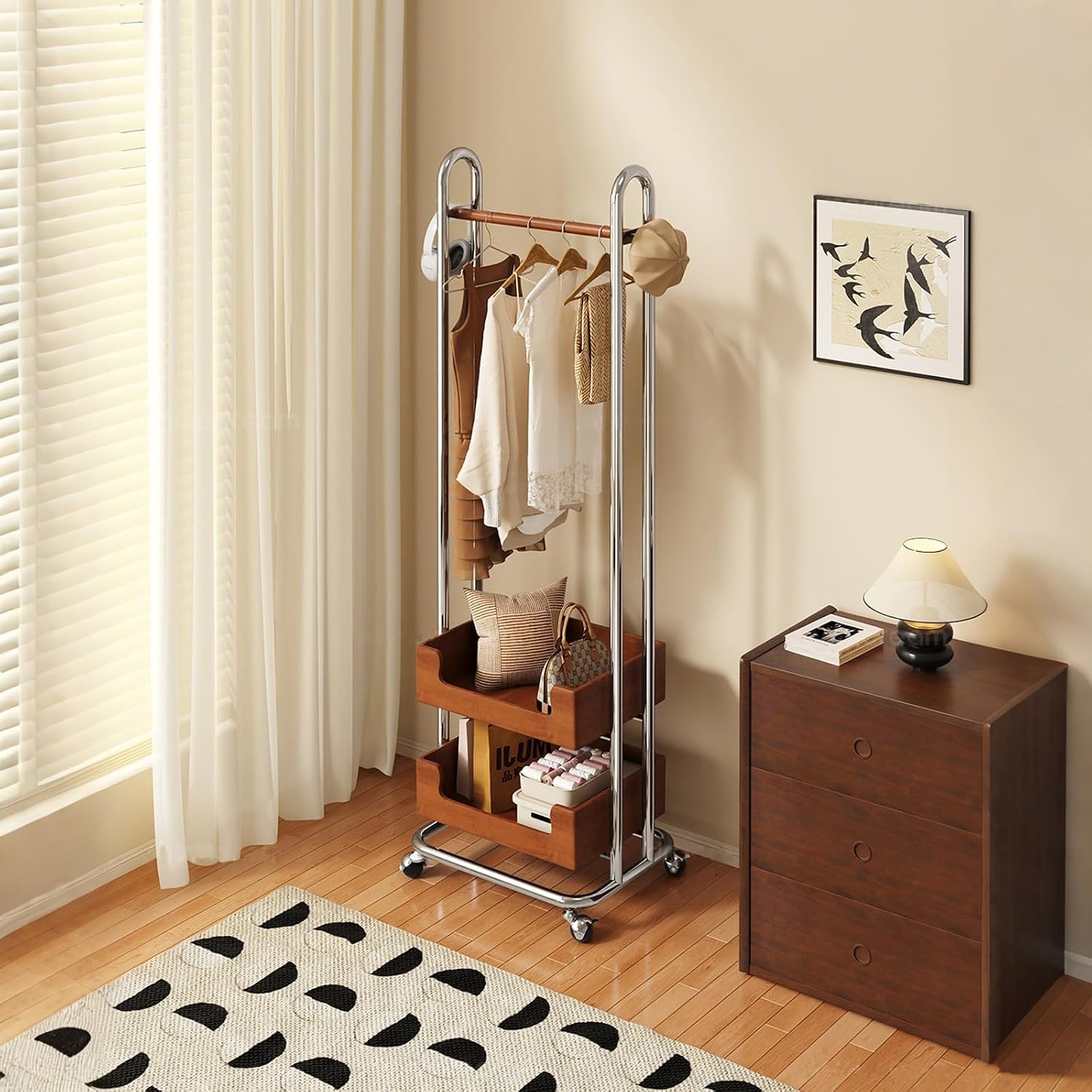 Rolling Clothing Racks With Side Hooks,Metal Clothes Rack With 2 Storage Basket,solid Wood Hanging Rod,Freestanding Garment Rack For Bedroom Living Room(73cm/28.7in)