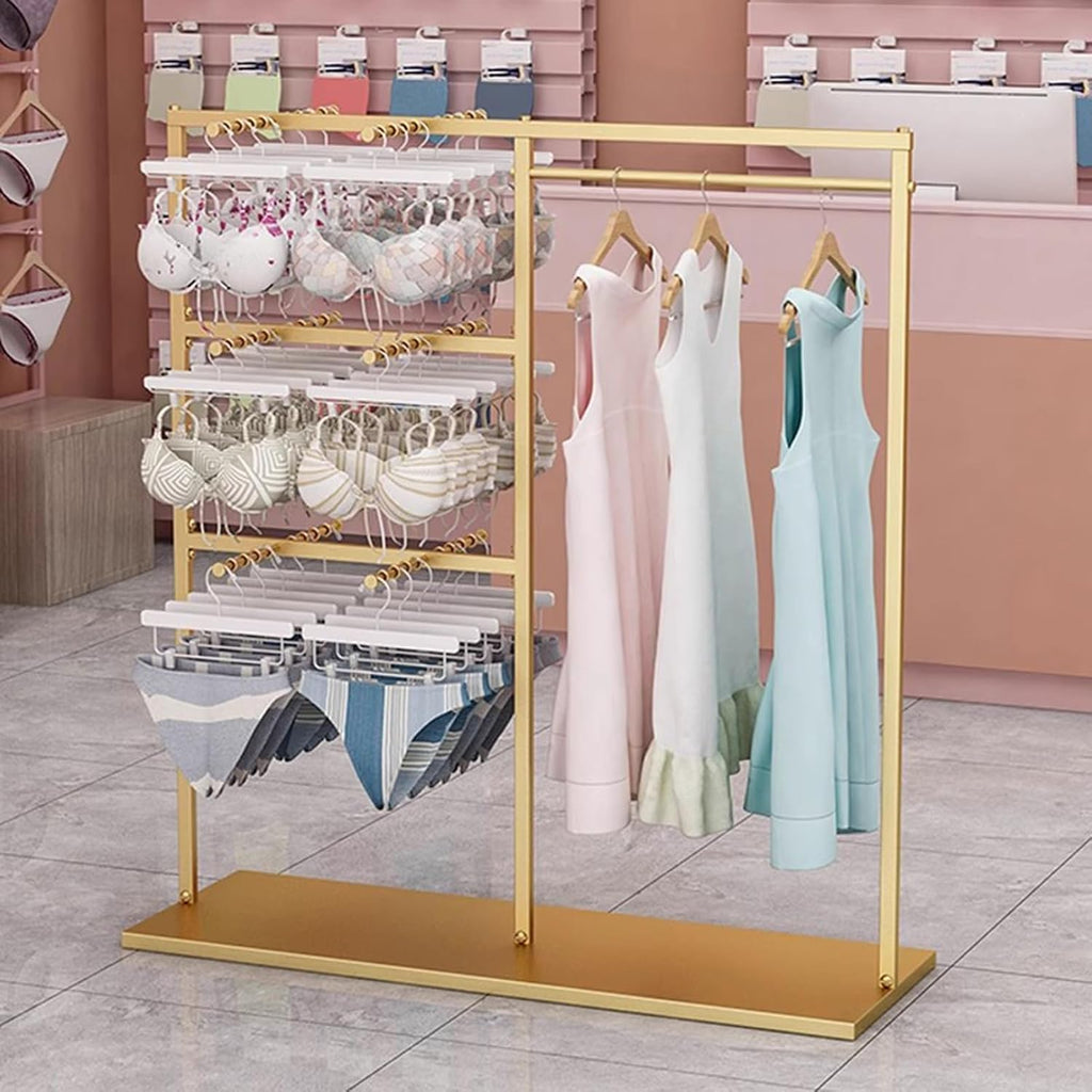 Lingerie Garment Rack Underwear Rack, Freestanding Clothing Store Scarf Storage Organizer Rack, Retail Store Panty Shorts Bra Silk Shawl Display Stand for Boutique Mall(G(Gold-120X40X130CM)