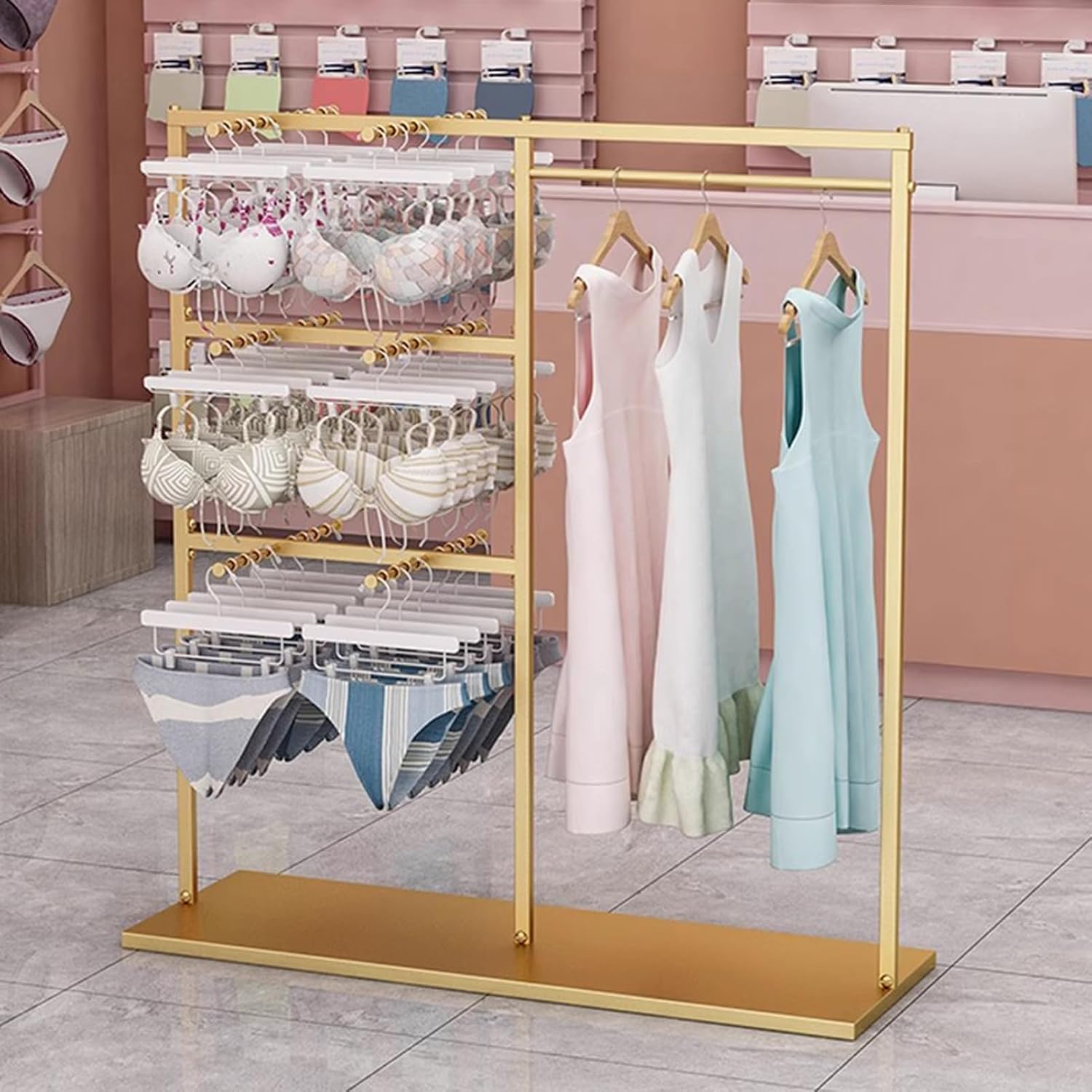 Lingerie Garment Rack Underwear Rack, Freestanding Clothing Store Scarf Storage Organizer Rack, Retail Store Panty Shorts Bra Silk Shawl Display Stand for Boutique Mall(G(Gold-120X40X130CM)