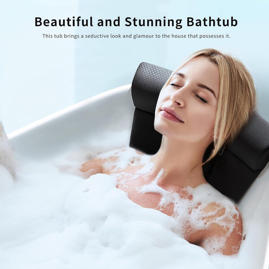 Empava 59 inch Acrylic Freestanding Tub Hydromassage Gracefully Oval Shaped Whirlpool 8 Water Jets Soaking SPA, Double-Ended Massage Bathtub with 2 Black Pillows, White
