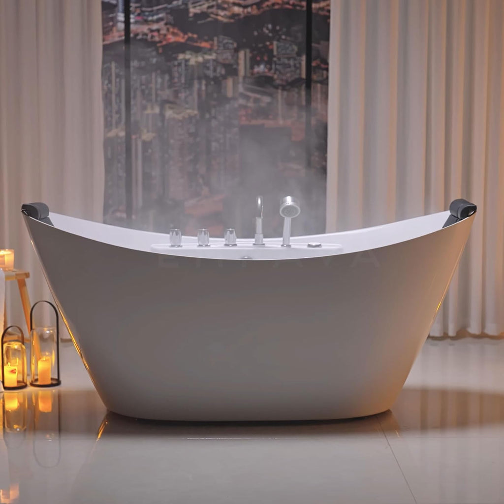 Empava 67' Freestanding Whirlpool Bathtub Oval with 8 Hydromassage Adjustable Water Jets Luxury Acrylic Massage SPA Soaking Bath Tub in White Double Ended