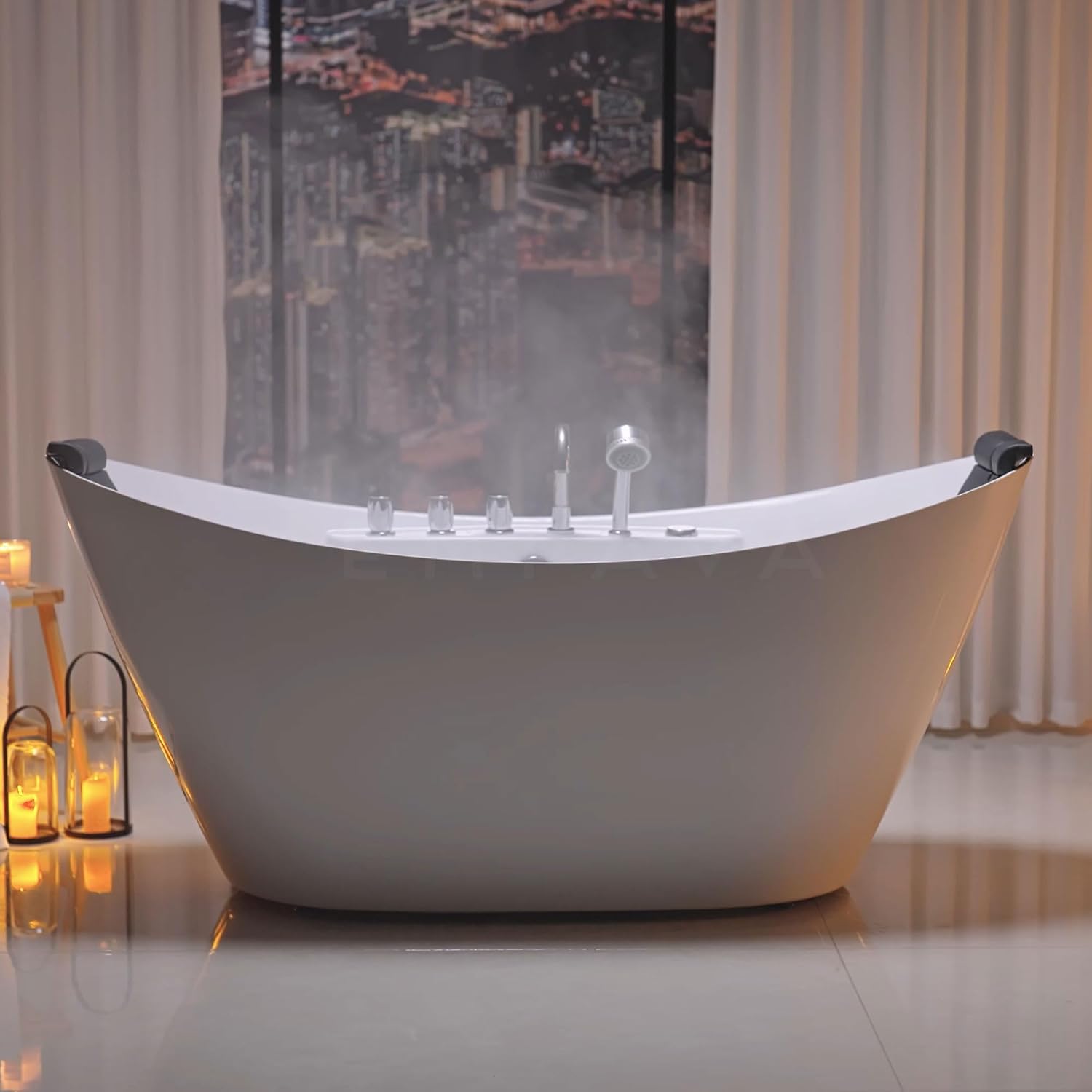 Empava 67' Freestanding Whirlpool Bathtub Oval with 8 Hydromassage Adjustable Water Jets Luxury Acrylic Massage SPA Soaking Bath Tub in White Double Ended