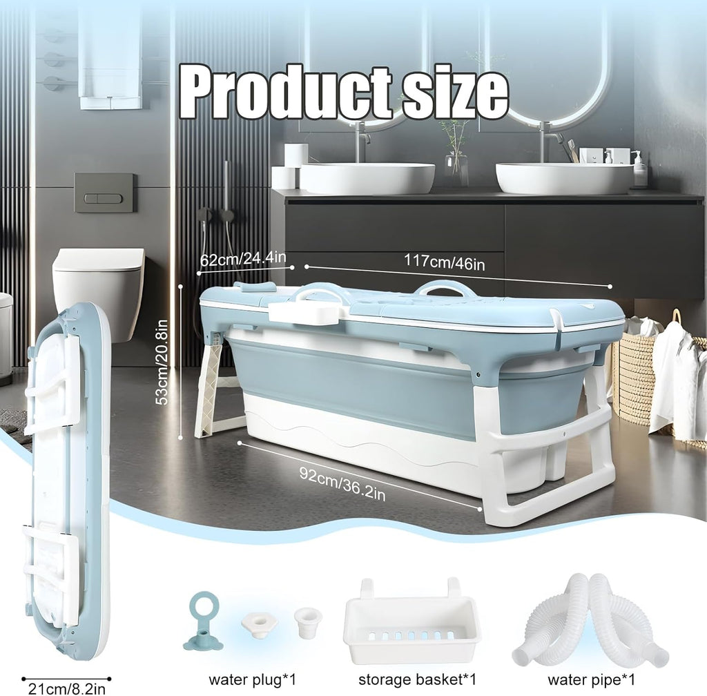 Portable Bathtub, 58/56/50/46 Inch Collapsible Bathtub, Freestanding Foldable Bathtub for Adults, Folding Tub for Shower, Hot Bath, Ice Bath Blue-B-120cm