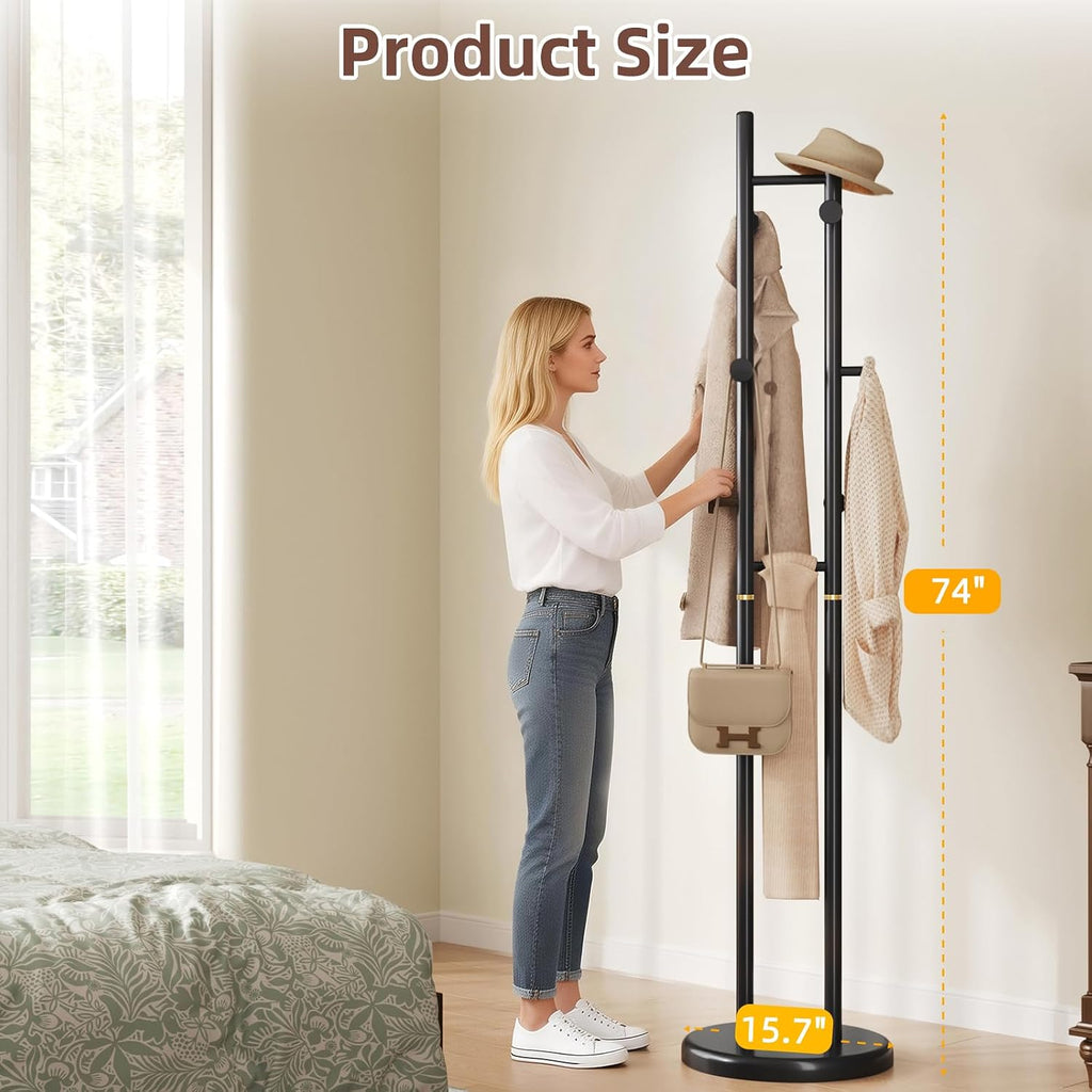 CozyDH Coat Rack Wooden Freestanding - Wood Coat Rack Freestanding Heavy Duty, Wooden Coat Stand with 6 Hooks Creative Look for Entryway, Hallway, Bedroom (Black)