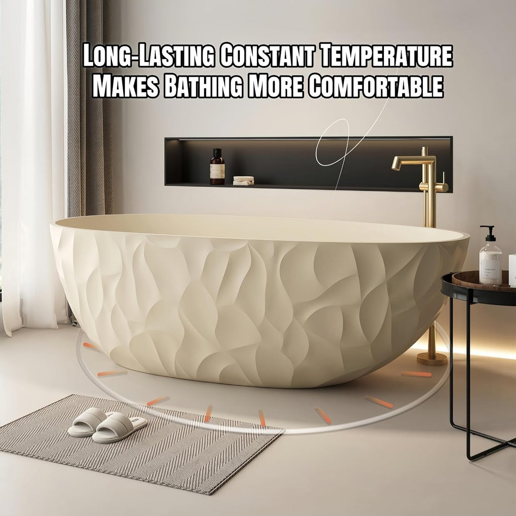67' Edeyeu Luxury Freestanding Bathtub – Modern Solid Surface Bathtub With Ripple Design, Extra Deep Soaking Tub, Ergonomic Stand Alone Tub For Contemporary Luxury Bathrooms H