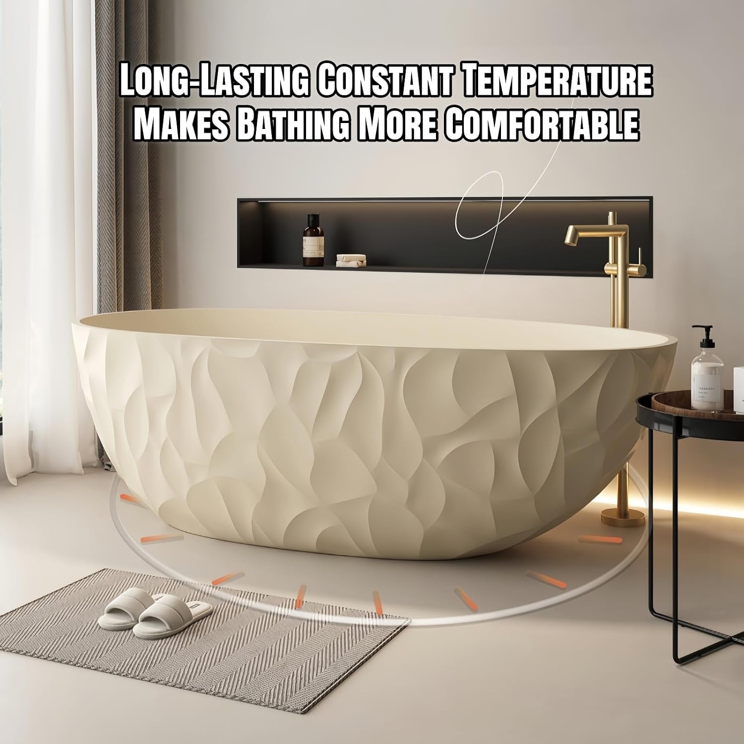 63' Edeyeu Luxury Freestanding Bathtub – Modern Solid Surface Bathtub With Ripple Design, Extra Deep Soaking Tub, Ergonomic Stand Alone Tub For Contemporary Luxury Bathrooms H