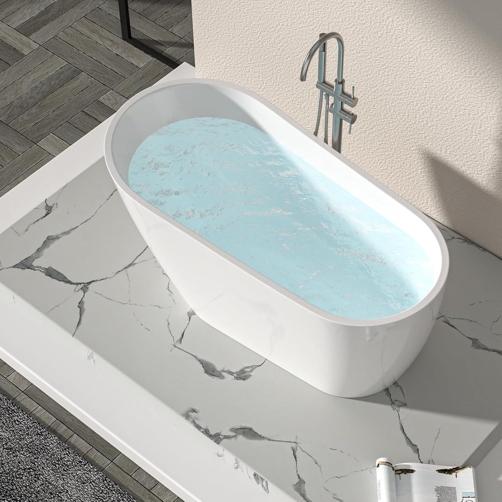 Logmey 59 Inch White Acrylic Freestanding Bathtub with Overflow Oval Shape Soaking Tub with Chrome Drain Assembly for Modern Classic Bathrooms