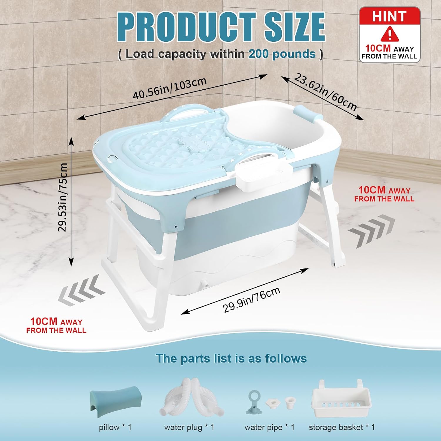 41 Inch Foldable Bathtub for Adults, Large Portable Tub for Shower, Effortless Collapsible Bathtub Adult for Spacious Bathrooms & Outdoor Use, Ideal for Ice Baths & Hot Baths (Blue, 41 Inch)
