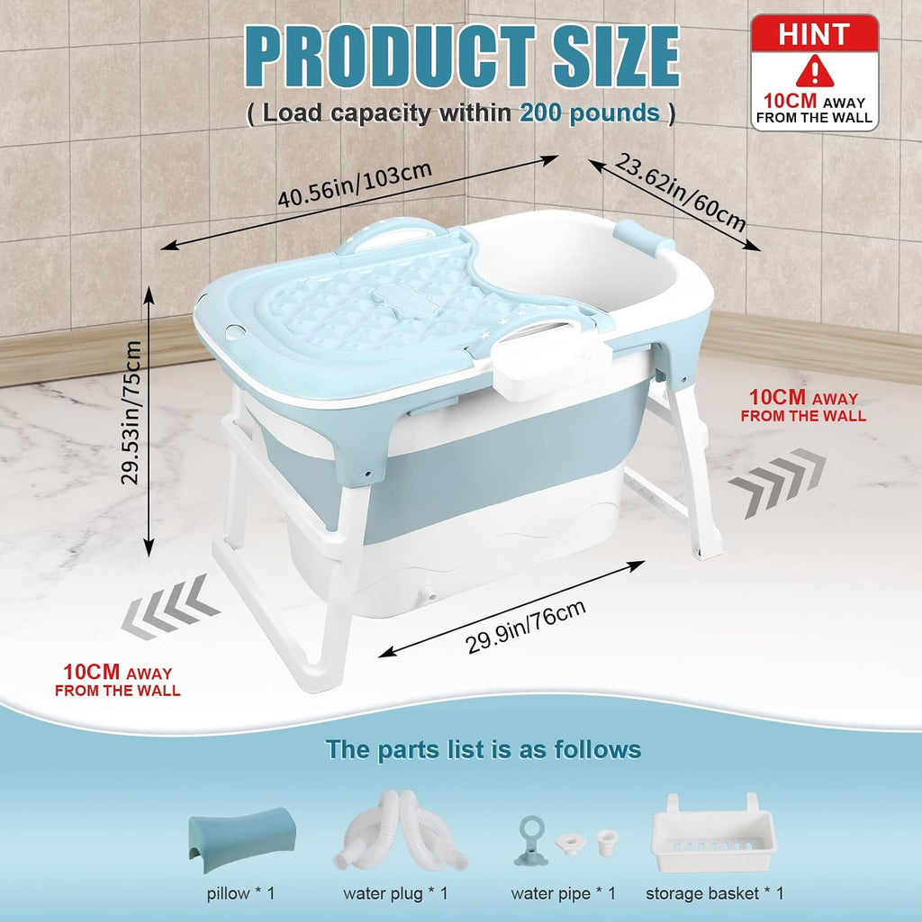 Portable Foldable Bathtub for Adult, 41' Small Foldable Tub with Ergonomic Seat & Massage Roller, Large Capacity Soaking Tub for Adults with Thermal Cover (Blue)