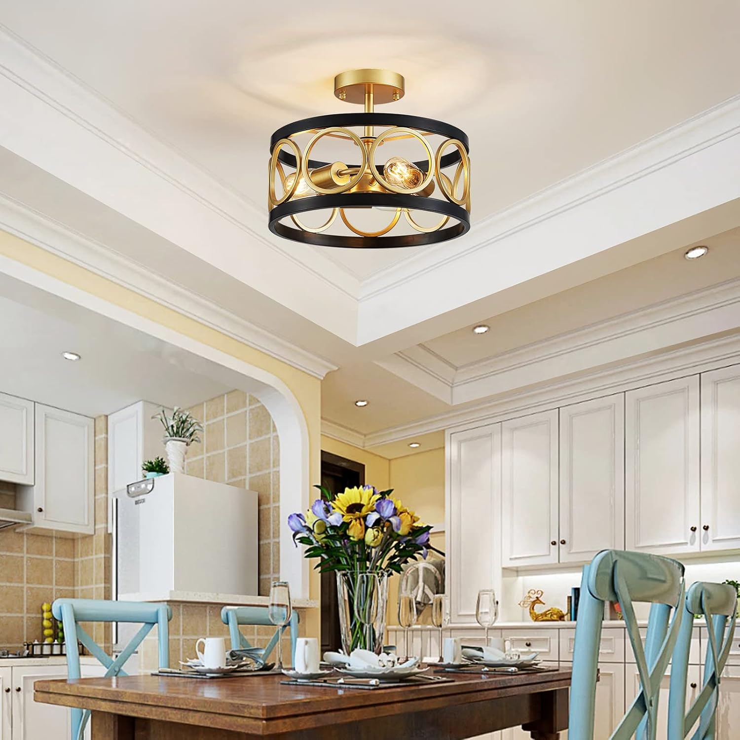 XINGQI 13' Modern Semi Flush Mount Ceiling Light Fixture, Black and Gold Drum Chandelier with Metal Shade Farmhouse Round Ceiling Lamp for Living Dining Room Bedroom