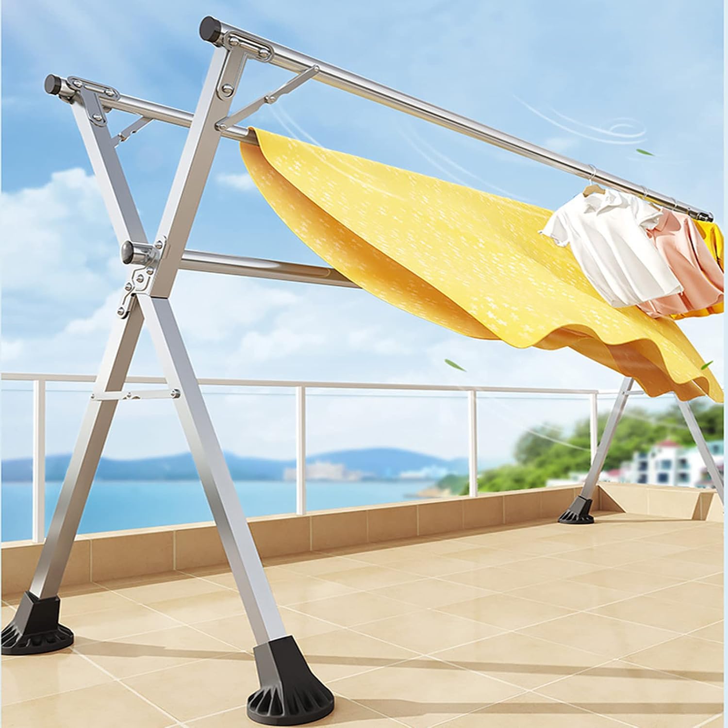 Clothes Drying Rack, Stainless Steel Laundry Dry Racks, Laundry Drying Rack Collapsible, Foldable Adjustable Garment Rack with Windproof Hooks, for Indoor Outdoors (1.6m)