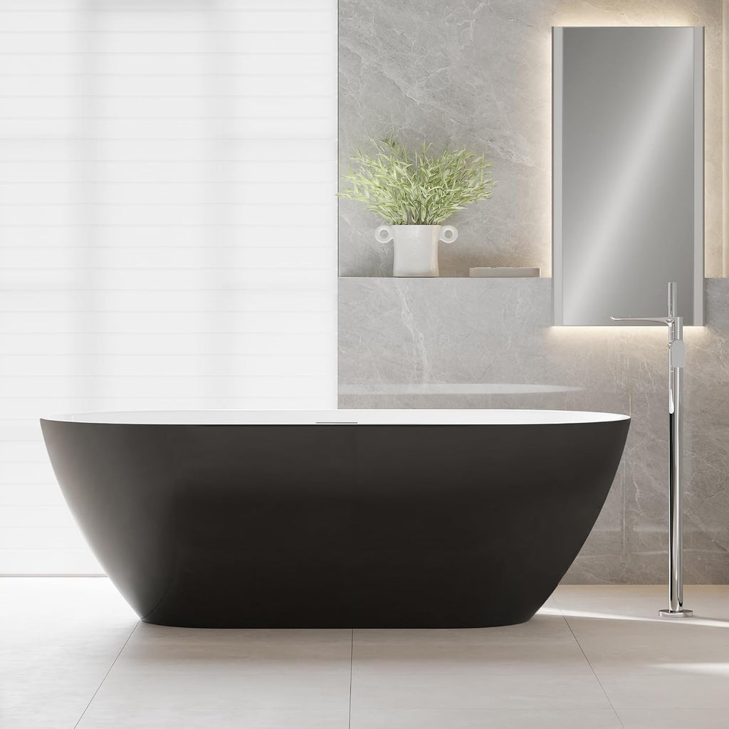 GarveeTech 59' Acrylic Freestanding Bathtub - Glossy Black Oval Soaking Tub with Chrome Overflow & Drain Kit, CUPC Certified