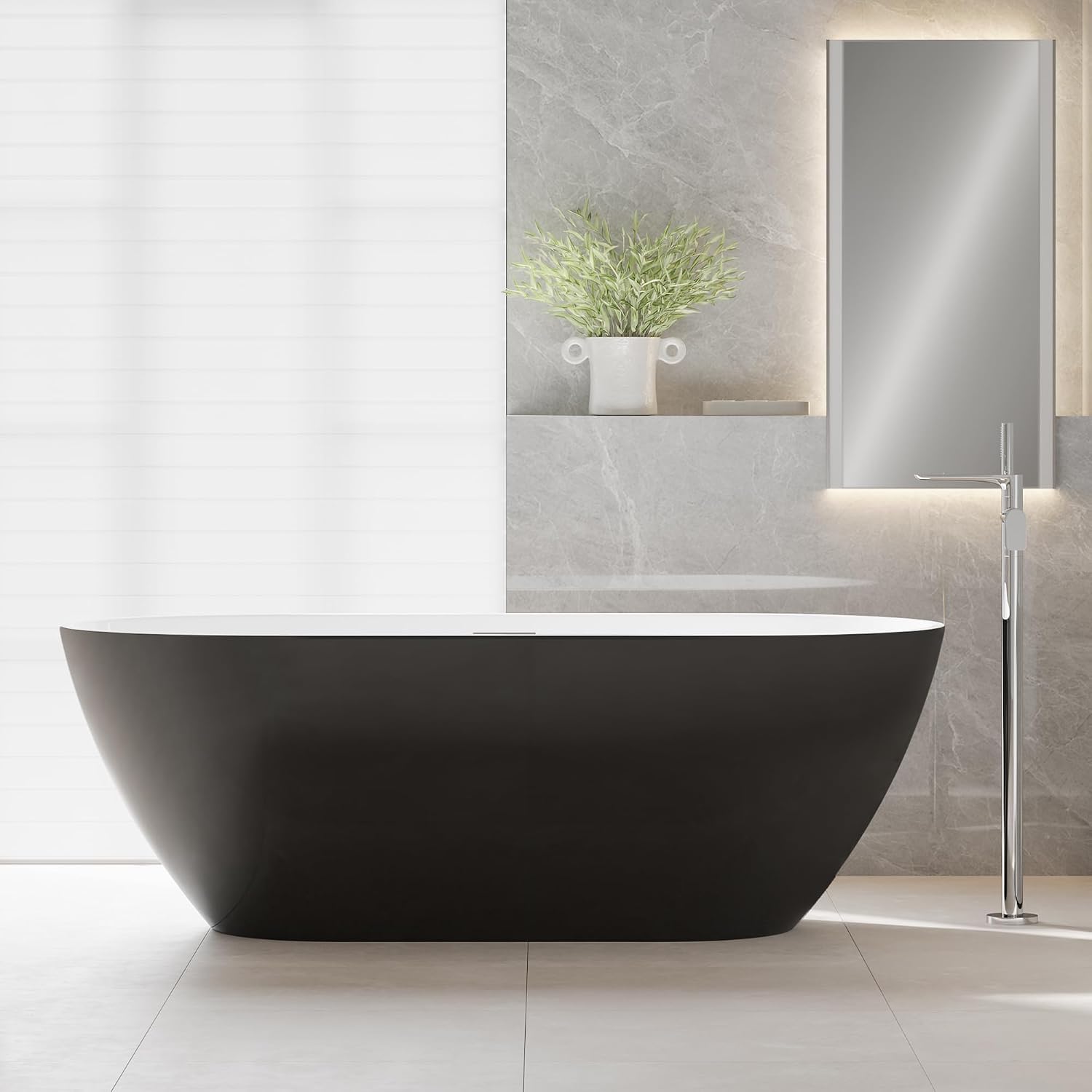 GarveeTech 59' Acrylic Freestanding Bathtub - Glossy Black Oval Soaking Tub with Chrome Overflow & Drain Kit, CUPC Certified