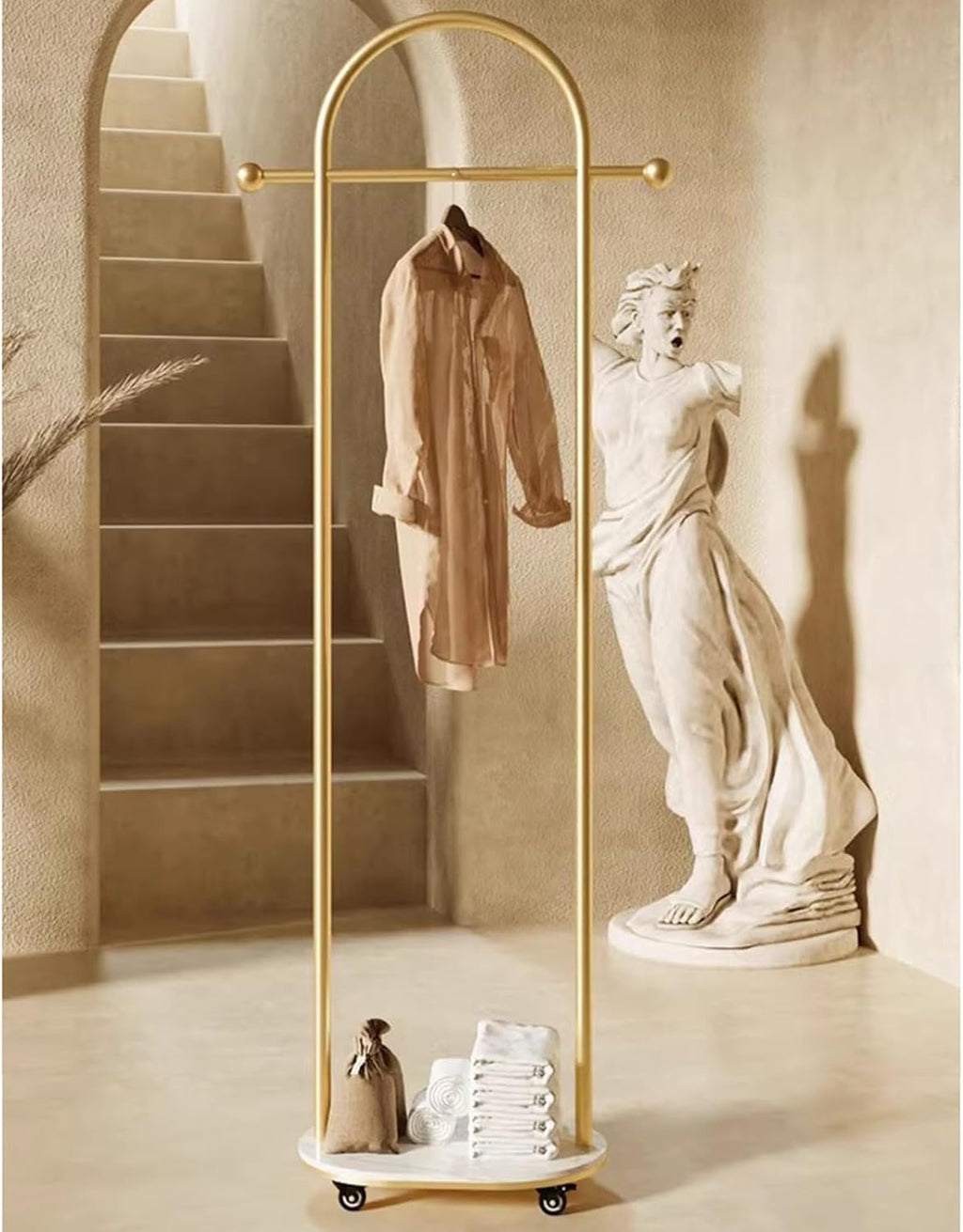 Metal Coat Rack Freestanding,Garment Rack Modern Clothing Rack with Marble Base, Small Coat Hanger Stand with 2 Hooks for Bag and Hat, Space Saving Clothes Organizer for Bedroom(White)