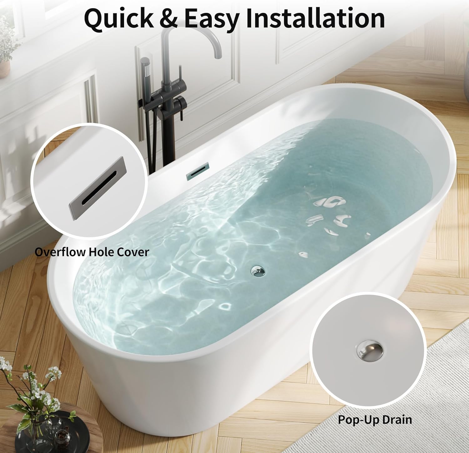 DeerValley 59' Acrylic Free Standing Tub, White Stand Alone Tub, Deep Soaking Tub with Center Drain & Integrated Overflow, Freestanding Bathtub with Ergonomic Design, DV-1T131S