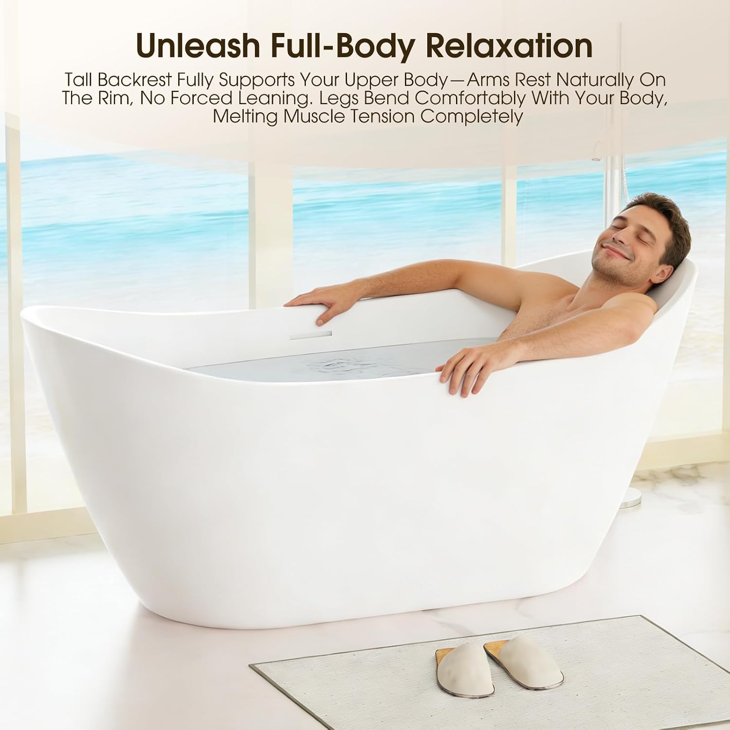 67' Acrylic Freestanding Bathtub,14' Deep Soaking Tub with Integrated Overflow & Drain,2 Person Soaking Tub,CUPC Certified, Chrome Drain Bath Tub,Modern Tub for Bathrooms,Double Backrest White