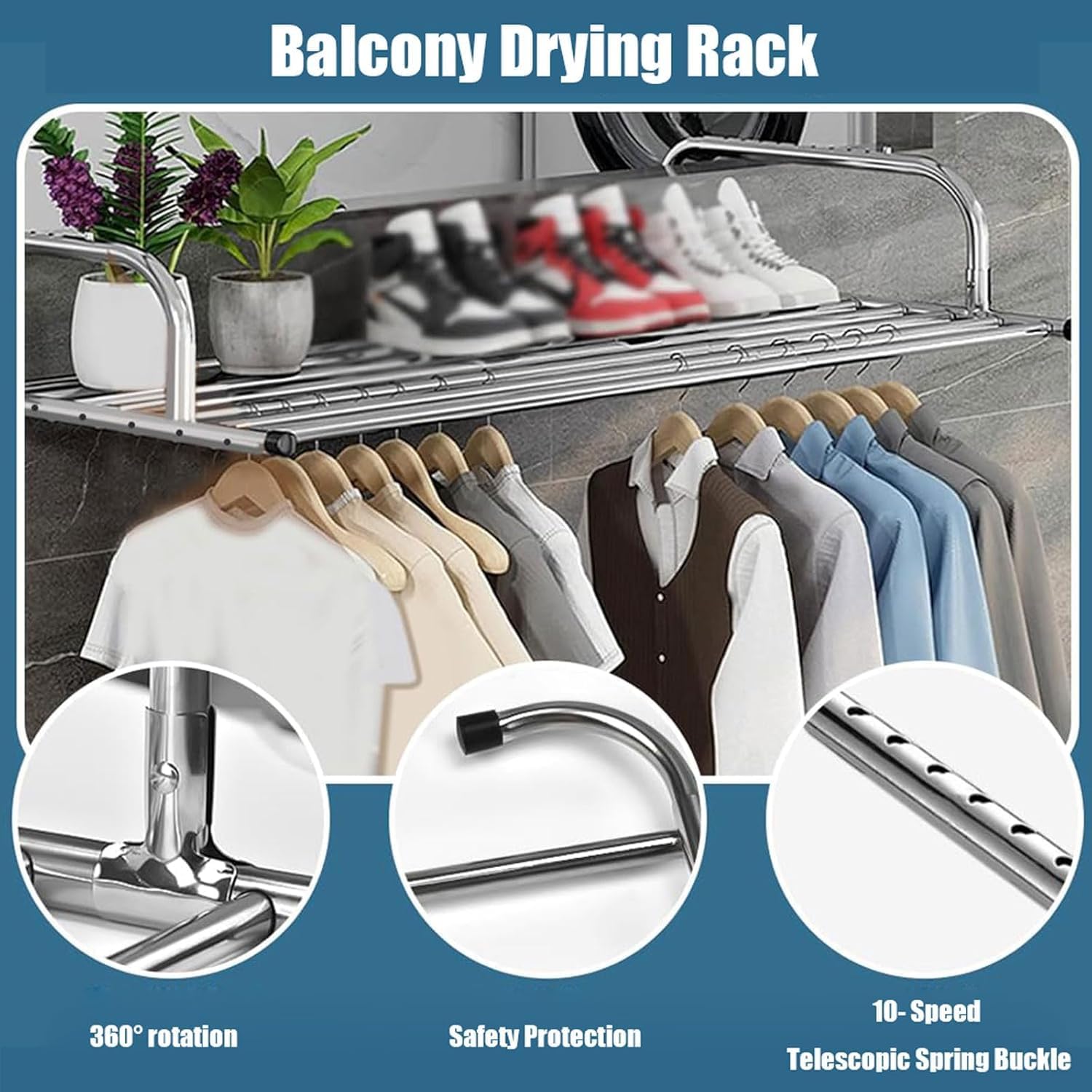 Clothes Drying Rack, Collapsible Stainless Steel Laundry Airer for Balcony and Bathroom, Space-Saving Folding Design
