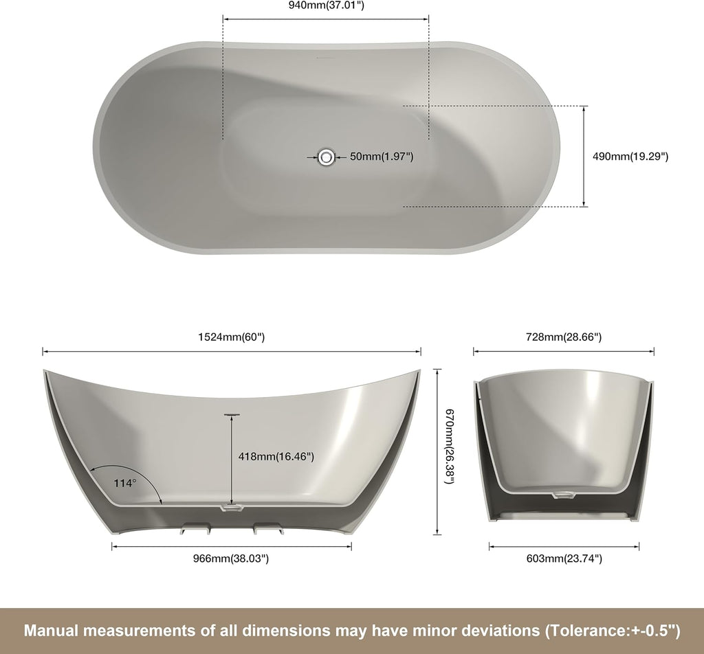 60'' Freestanding Khaki Acrylic Bathtub, Oval Soaking Tub