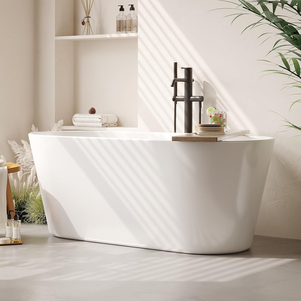 GarveeTech 59' Acrylic Freestanding Bathtub – Glossy White Soaking Tub With Chrome Overflow and Drain, Cupc Certified for Quality and Safety