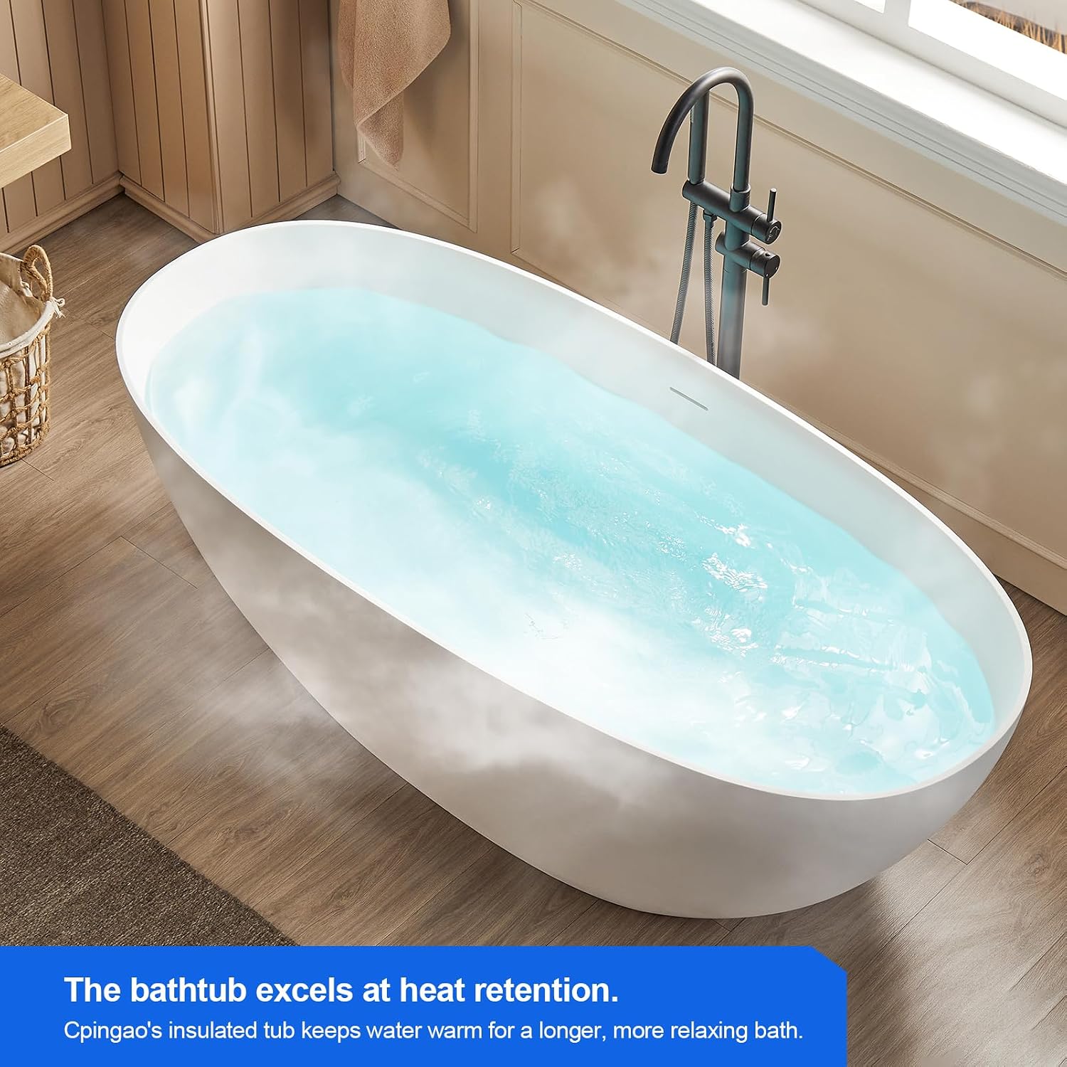 Cpingao 71' Stone Resin Freestanding Bathtub, Contemporary Oval Stand Alone Soaking Tubs, Solid Surface Bathtub with Drain & Integrated Slotted Overflow Matte White 8845-1800