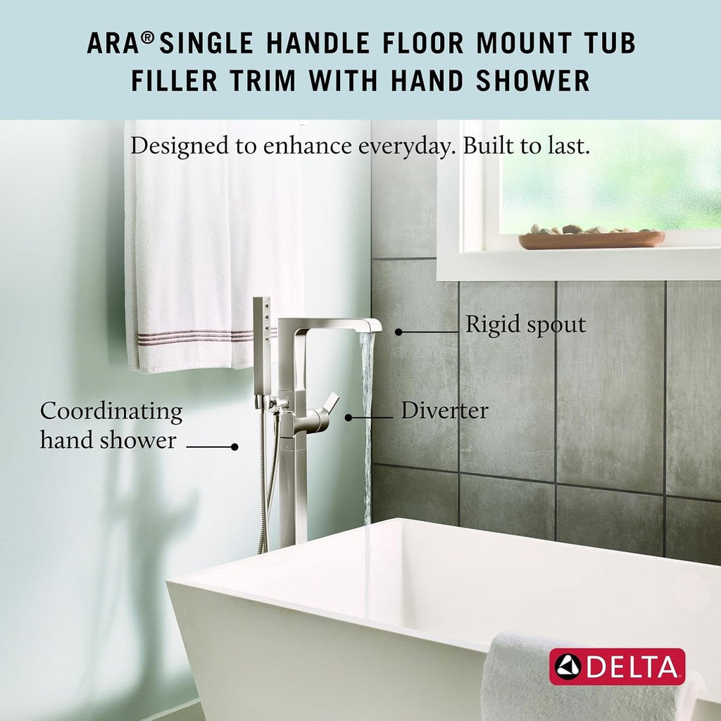 Delta Ara Freestanding Tub Faucet with Hand Held Shower, Brushed Nickel Floor Mount Tub Filler, Stainless T4767-SSFL (Valve Not Included)