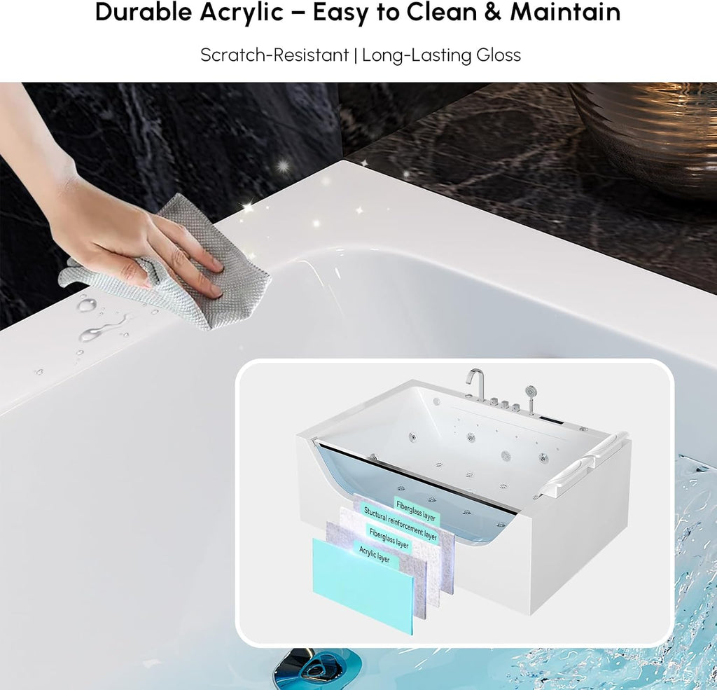 Homary 70.8' Whirlpool Bathtub with Thermostat Control, 2-Person Jetted Bathtub 3-Sided Apron Acrylic Soaking Tub with Jets, Lighted, Heater & Chromatherapy for Home Spa
