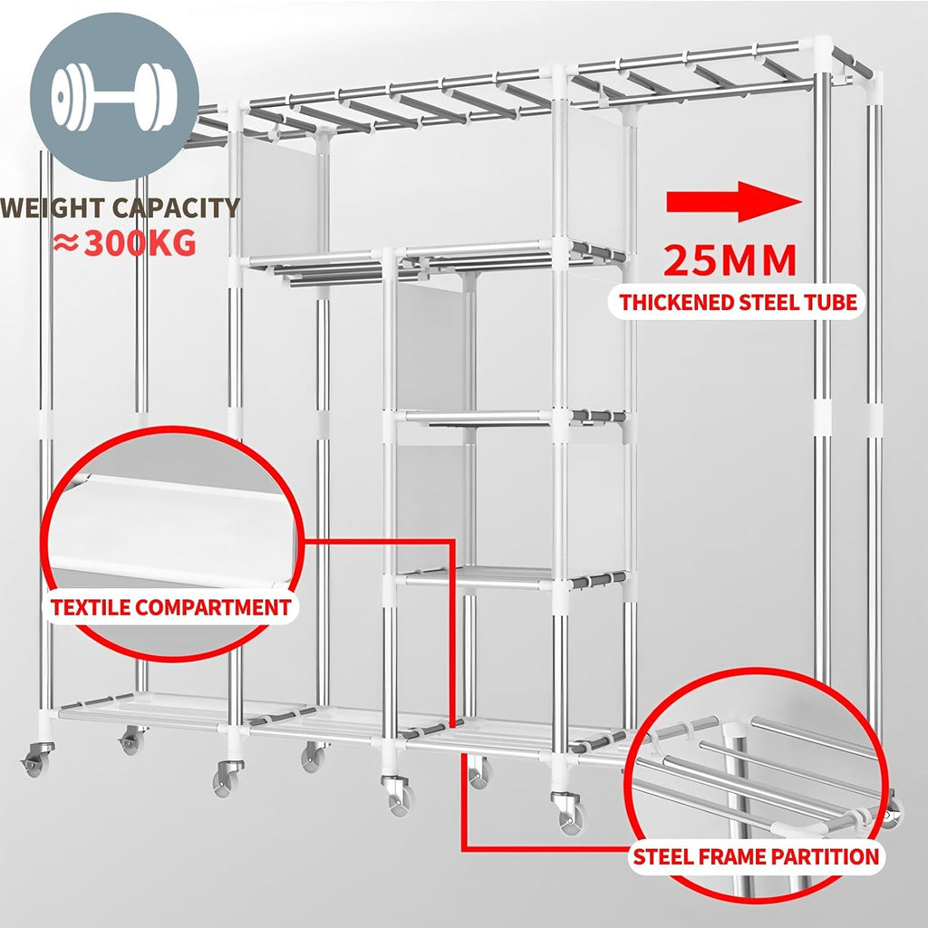 Portable Closet Organizers with Wheels Wardrobe with Shelves and Hanging Rod Non-Woven Fabric Cover Clothing Rack Rolling Closet Rack for Cloakroom Bedroom(Beige,143X45X170CM)