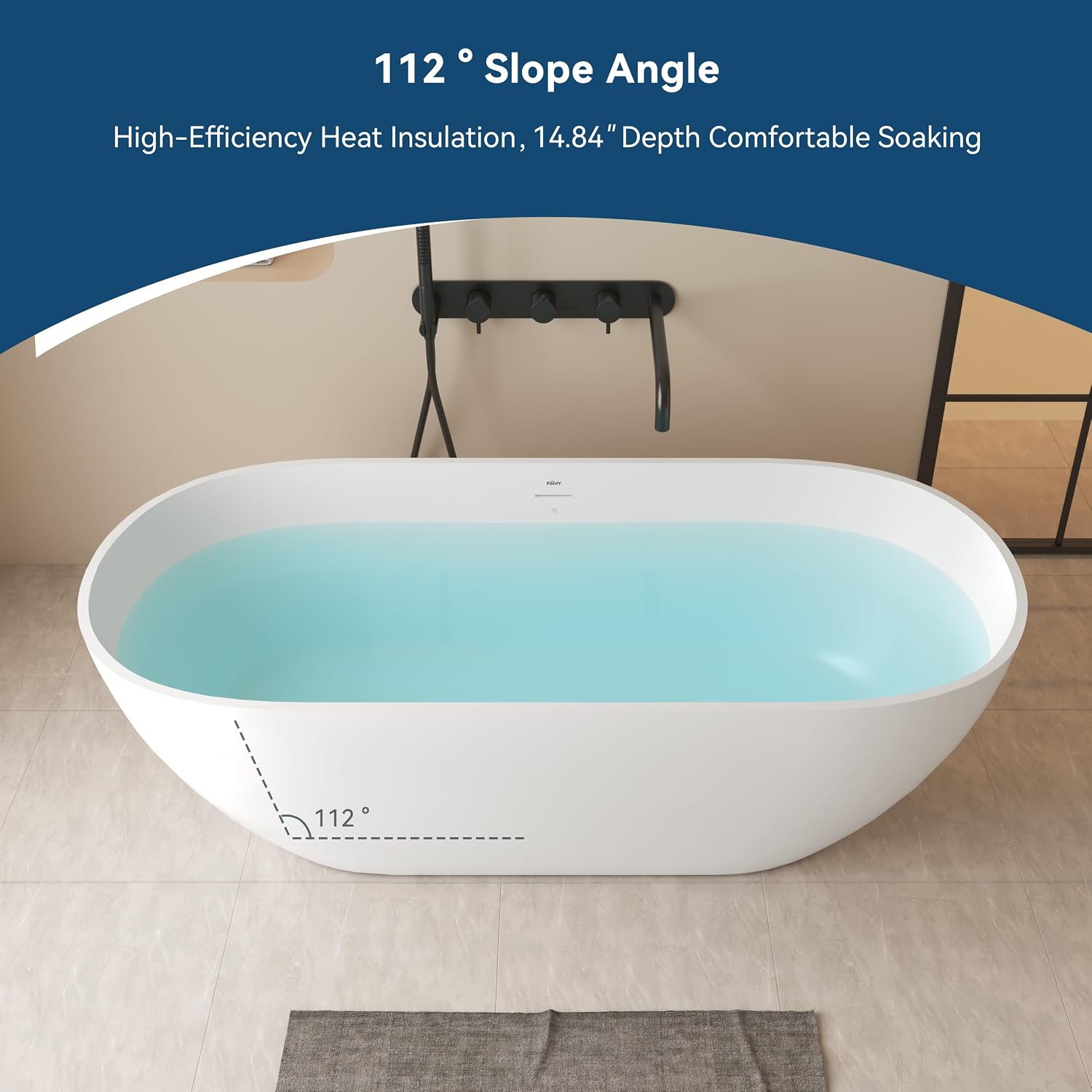 FerdY Fiji 69' Stone Resin Freestanding Bathtub, Classic Oval Shape Soaking Bathtub, Solid Surface Soaking Tub, cUPC Certified, Integrated Slotted Overflow and Matte White Pop-up Drain