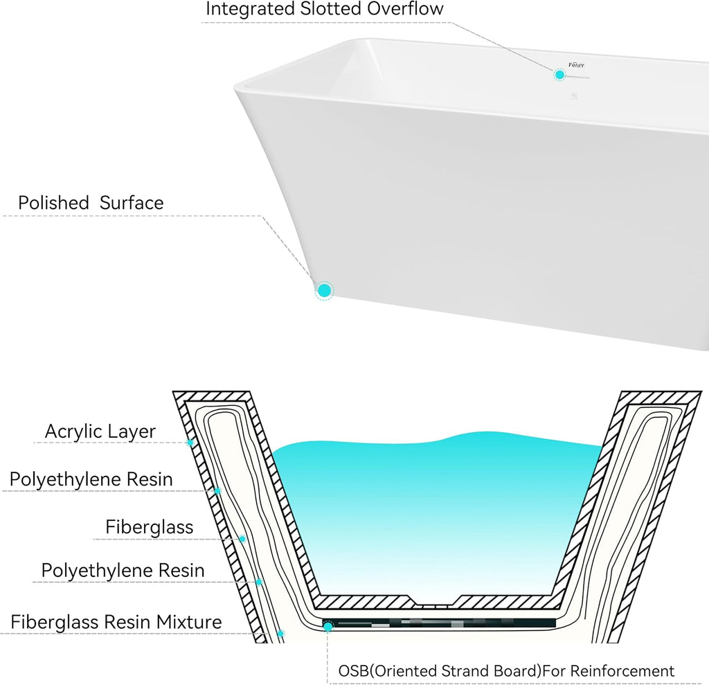 FerdY Sentosa 59' Acrylic Freestanding Bathtub, Contemporary Design Soaking Tub with Brushed Nickel Drain & Back Scrubber for Shower,Long Handled Loofah on a Stick, Soft PE Mesh Back Sponge