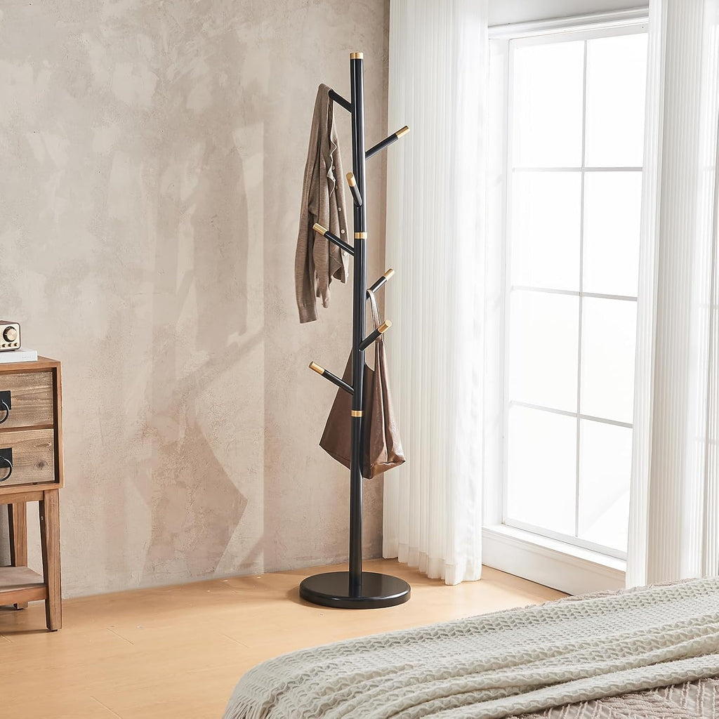 CozyDH Black Coat Rack Freestanding Solid Wood Coat Rack Stand, Coat Tree Freestanding with 7 Hooks Creative Tree Branch-look for Entryway, Hallway, Bedroom