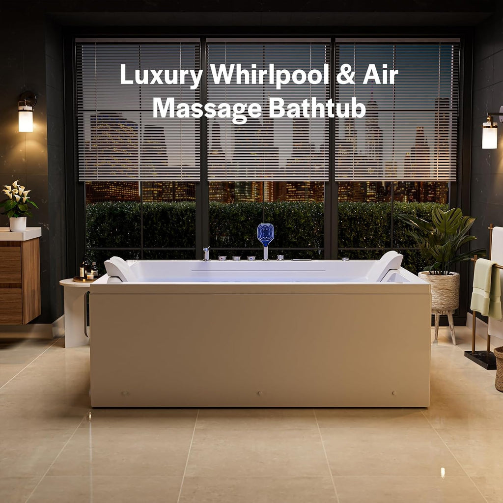 Empava PRO Series 71'x51' Jetted Bathtub, Alcove Spa Tub | 16 Hydro + 24 Air Jets, Chromotherapy & Waterfall | Thermostatic Control, Rectangular Acrylic Whirlpool Bathtub, White (ETL Certified)
