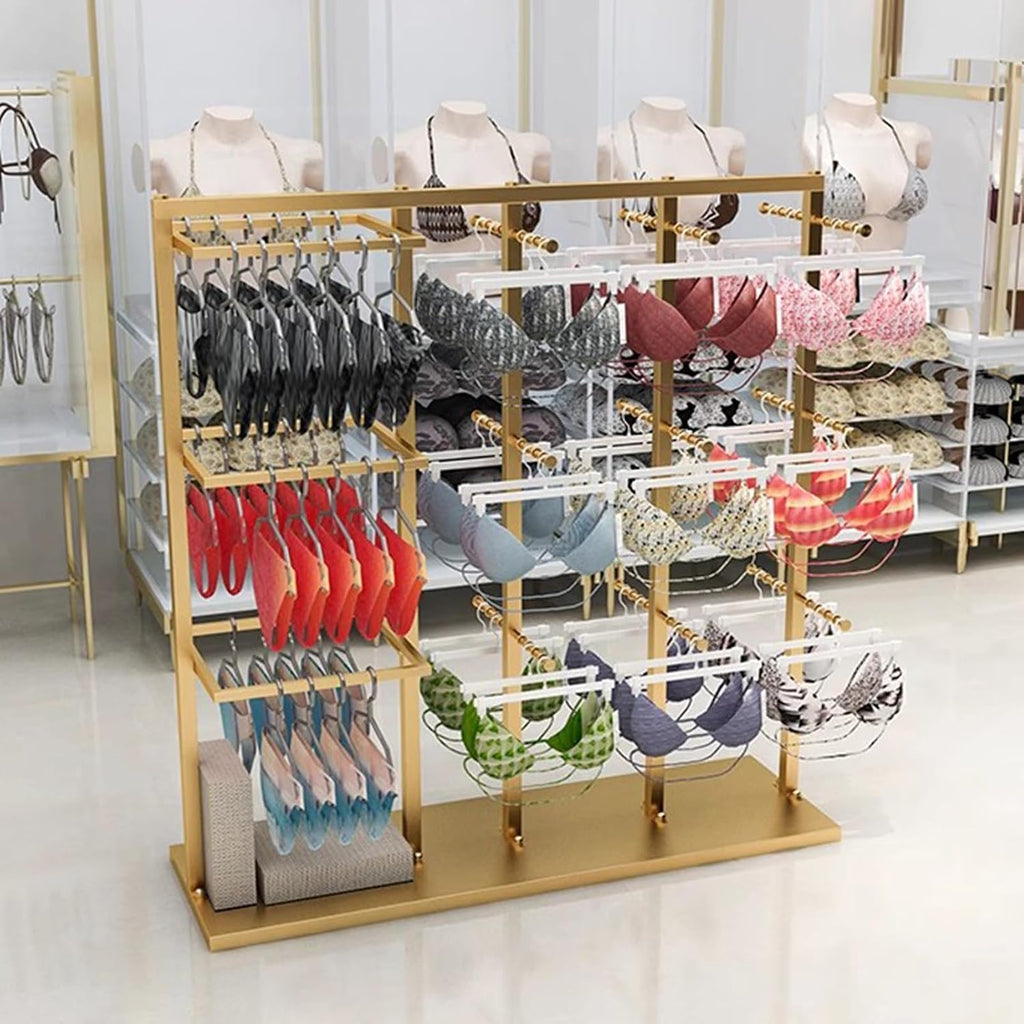 Freestanding Clothing Store Organizer Rack, Underwear Rack, Retail Store Scarf Panty Shorts Bra Hijab Silk Shawl Display Stand for Boutique/Cloth Store (Gold a 130X40X130CM)