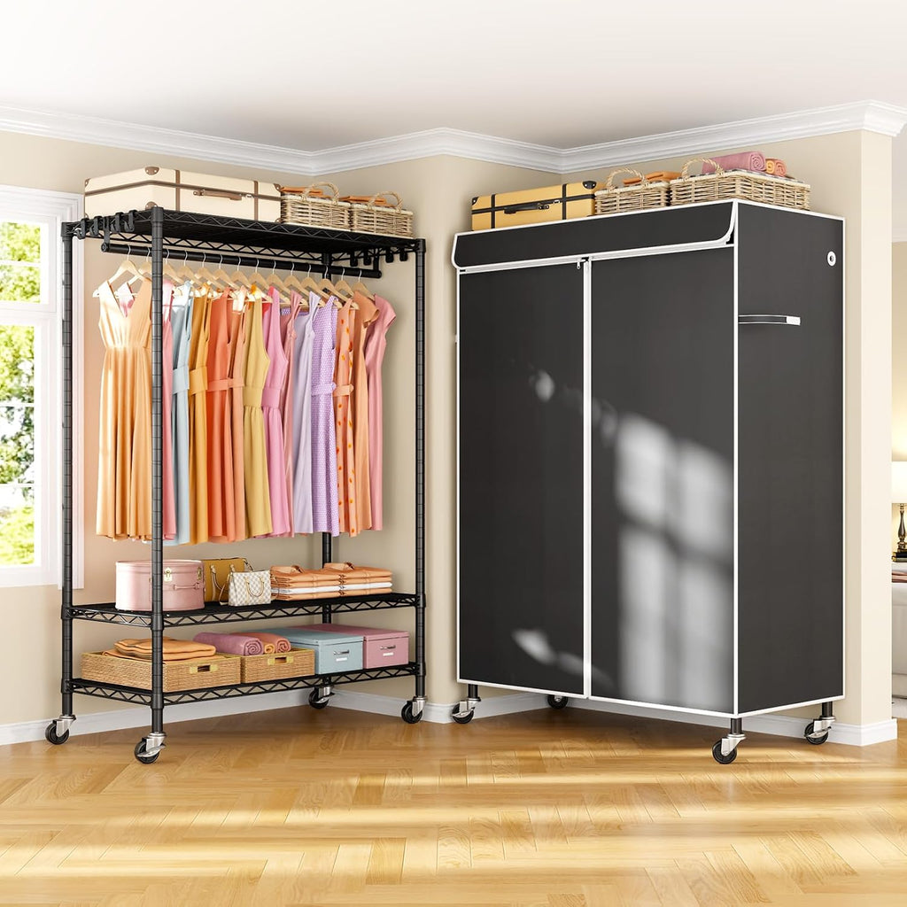 ULIFHOME P6C Plus & P6C Rolling Clothes Rack with Cover, Covered Clothing Rack Heavy Duty, Portable Closet for Hanging Clothes, Garment Rack on Wheels, Black Closet Rack with Black Cover