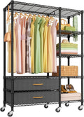 Ulif F3R Heavy Duty Clothes Rack（With Lockable Wheels）Freestanding Clothing Racks for Hanging Clothes，Adjustable Closet Organizer System，Portable Garment Rack 40'W x 15'D x 74'H，Max Load 700LBS，Black