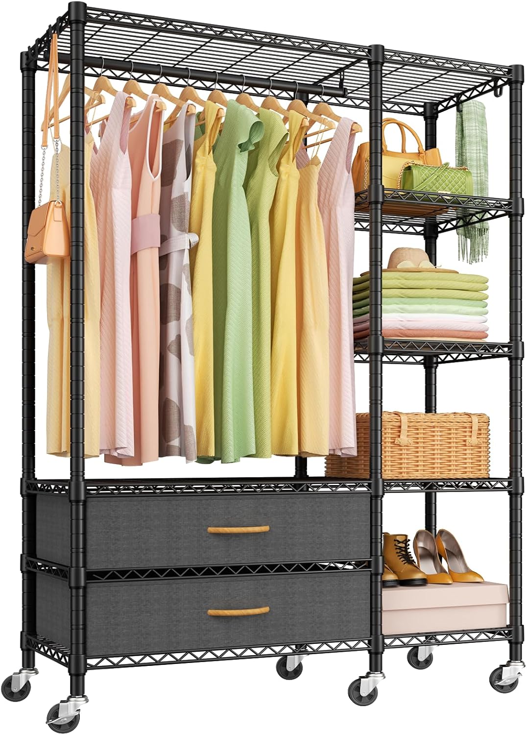 Ulif F3R Heavy Duty Clothes Rack（With Lockable Wheels）Freestanding Clothing Racks for Hanging Clothes，Adjustable Closet Organizer System，Portable Garment Rack 40'W x 15'D x 74'H，Max Load 700LBS，Black