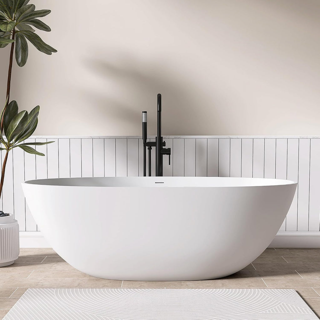 Oval 65' Freestanding Tub, Solid Surface Bathtub Matte White | Free stand Bathtub, Resin Stone Soaking Tub with Overflow and Pop-up Drain, Matte White