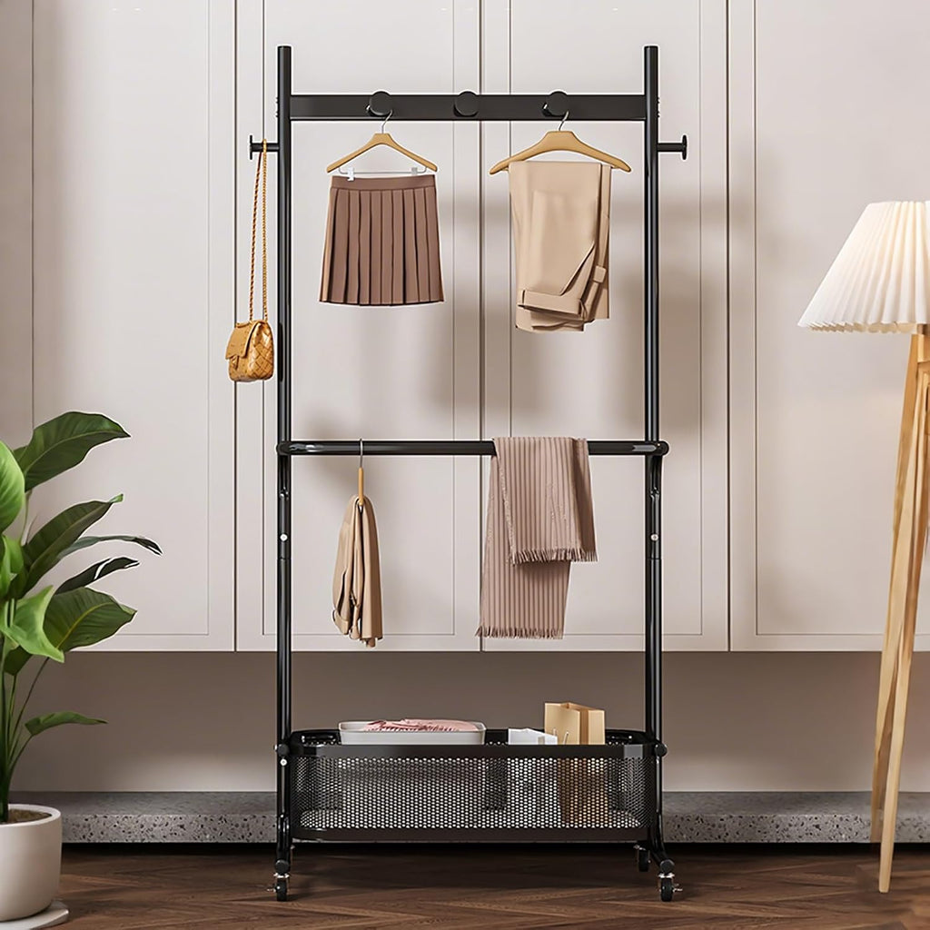 Clothes Racks For Hanging Clothes With Wheels,Garment Rack With Storage Shelves And Coat/Hat Hooks,Freestanding Rolling Clothing Organizer For Bedroom Living Room(White,80cm(31.5in))