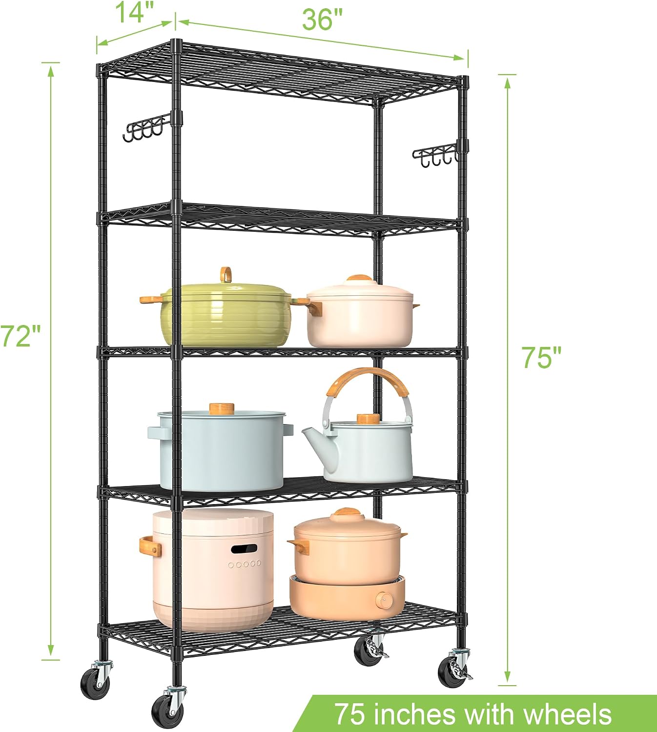 Wire Shelving with Wheels Metal Garage Storage Shelves Rack Unit 5 Tier Heavy Duty Steel Utility Rolling Shelve Adjustable Industrial Sturdy Shelving for Kitchen Garage Pantry Bathroom Laundry