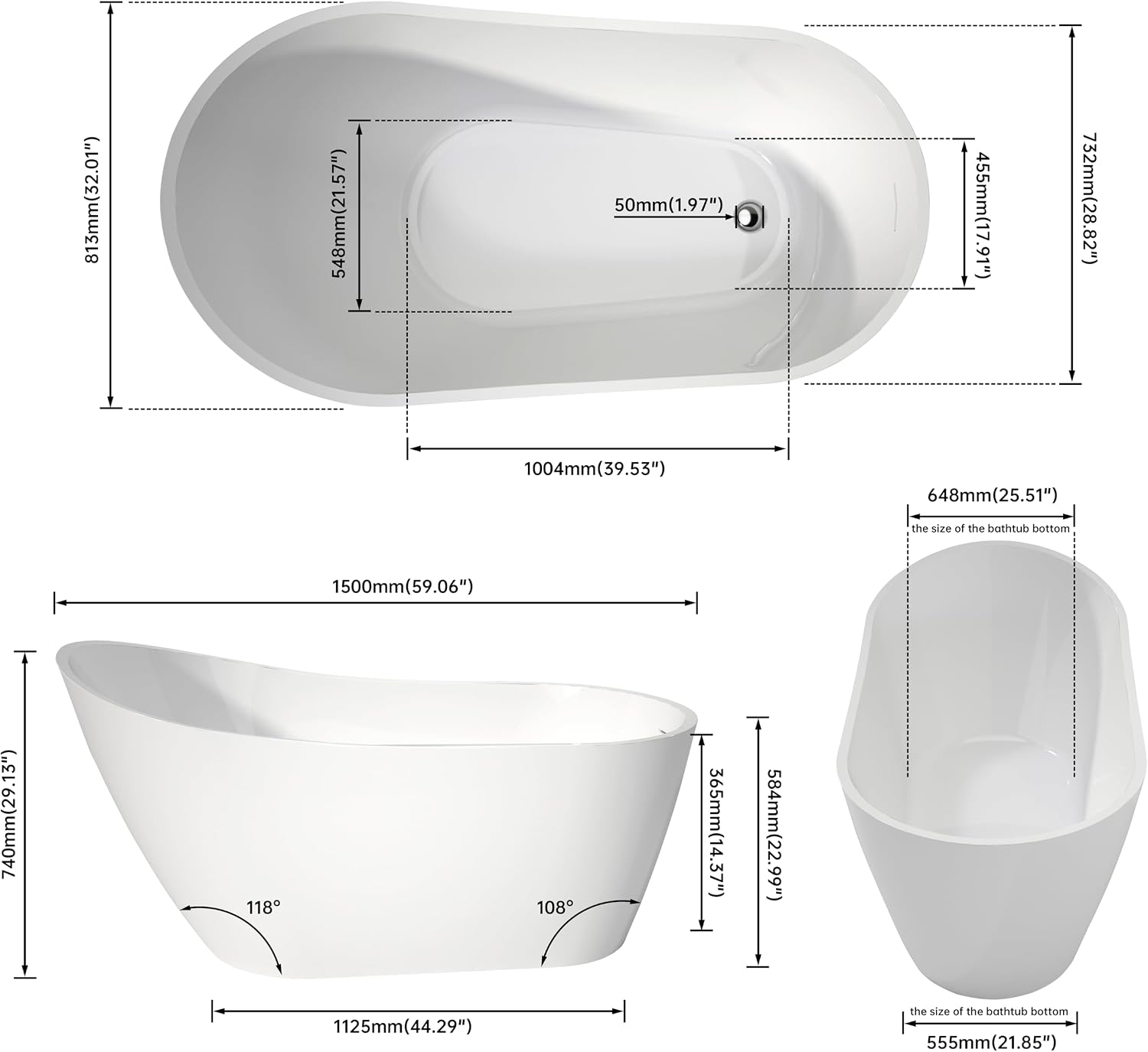 High back Acrylic Free Standing Bath tubs,Oval Shape Stand Alone White Soaker Tub(59×32 Inch)