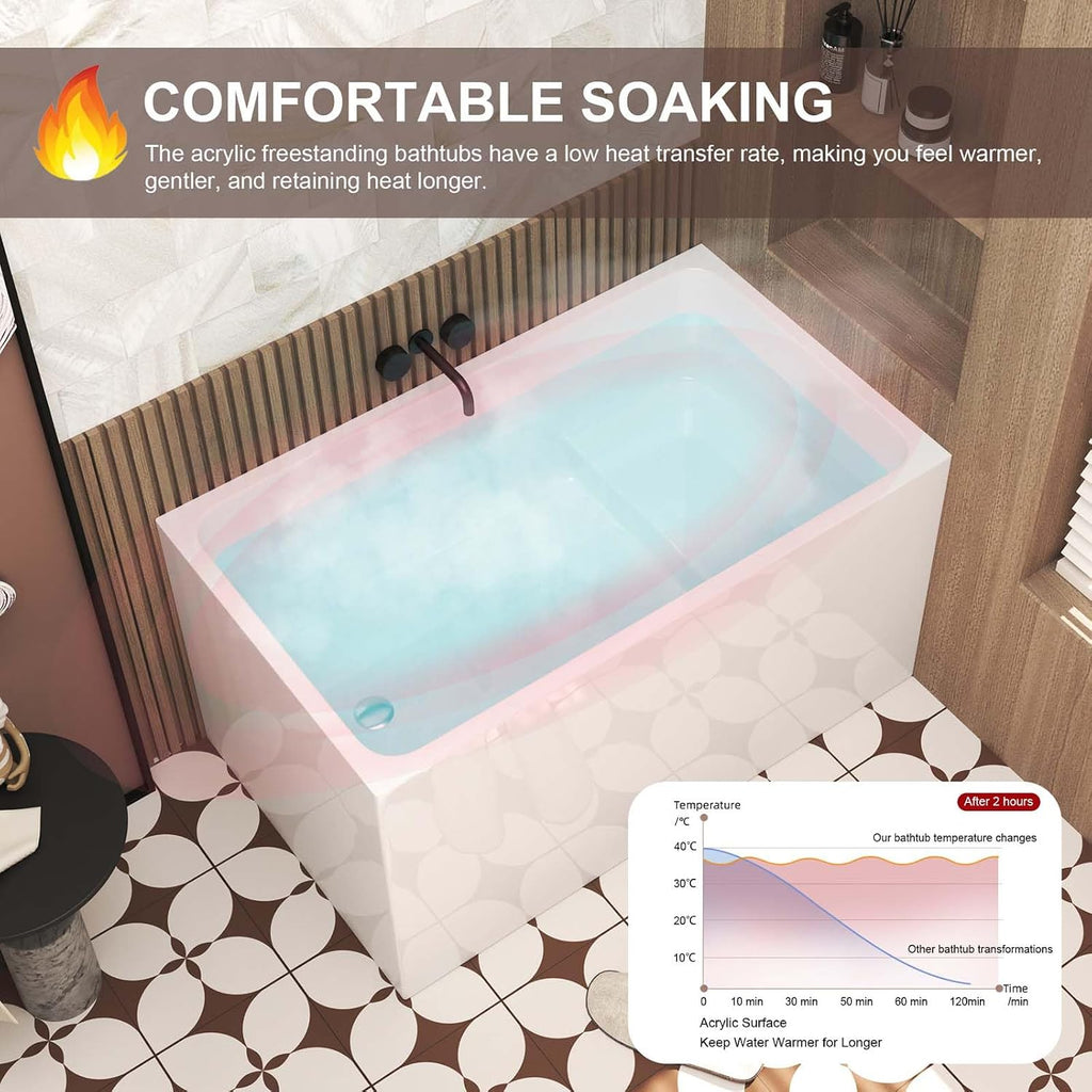 47' Acrylic Freestanding Tub with Seat, Square Shape Soaking Bathtub with Chrome Overflow and Left Drain, Free Standing Acrylic-Bathtubs White