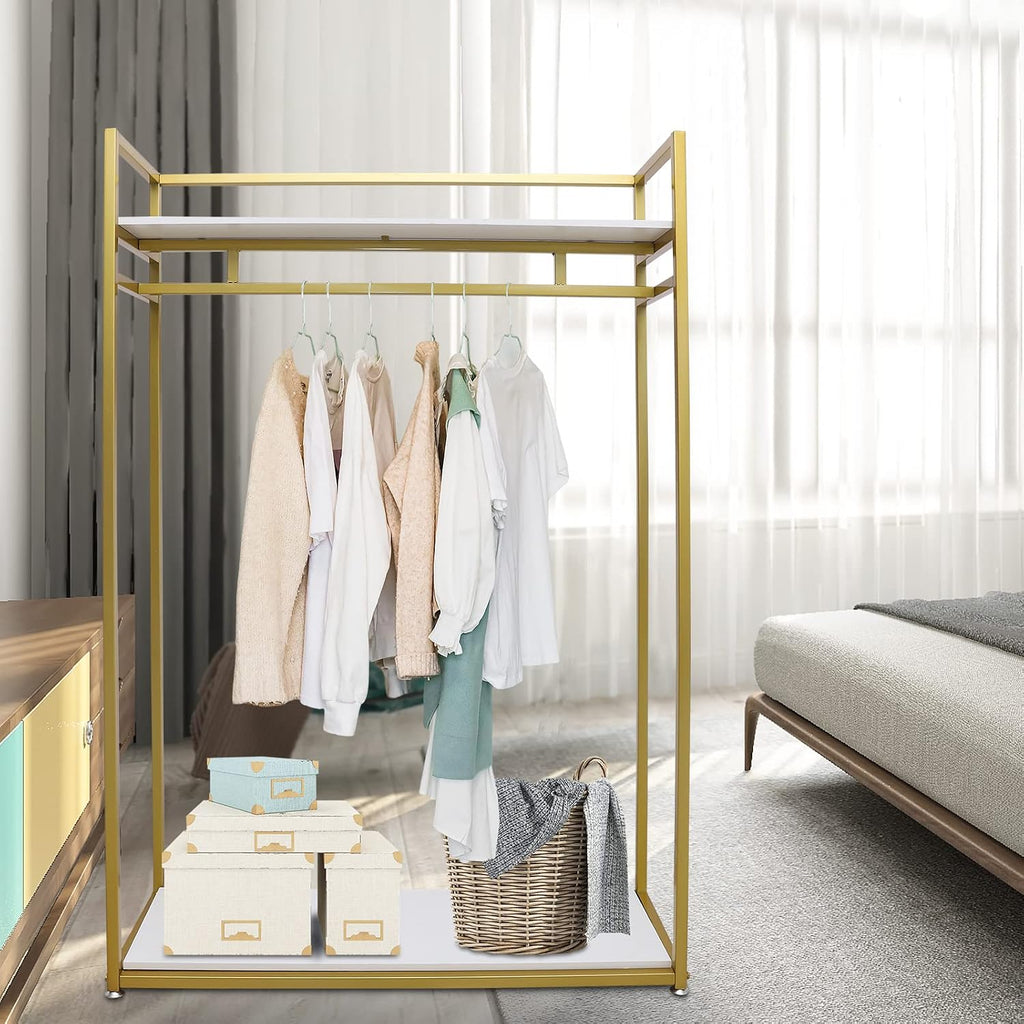Gold Clothes Rack, Metal Freestanding Garment Rack Clothes Display Storage Stand Wardrobe Closet for Hanging Clothes Heavy Duty Garment Rack for Bedroom Closet Clothes Or Retail