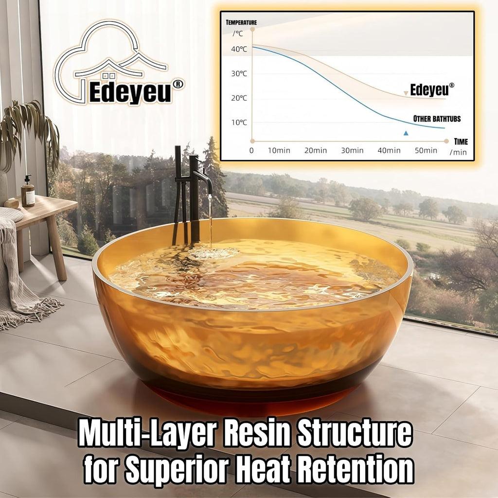 56' Edeyeu Round Freestanding Bathtub - Modern Soaker Tub, Extra-Deep Freestanding Tub with a Crystal-Clear Solid Surface, Suitable for Villas, Apartments, and Hotels Blue