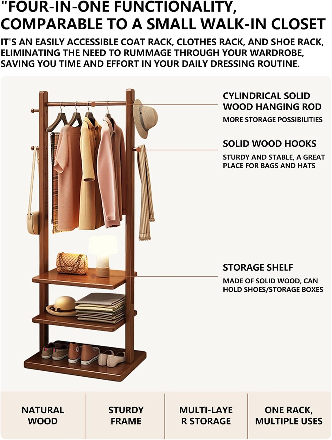 Solid Wood Coat Rack Stand with 3-Tier Shelves & 4 Hooks, Heavy Duty Freestanding Garment Rack for Entryway & Bedroom, Open Wardrobe Clothing Organizer, Walnut Finish(Walnut,15.7in)