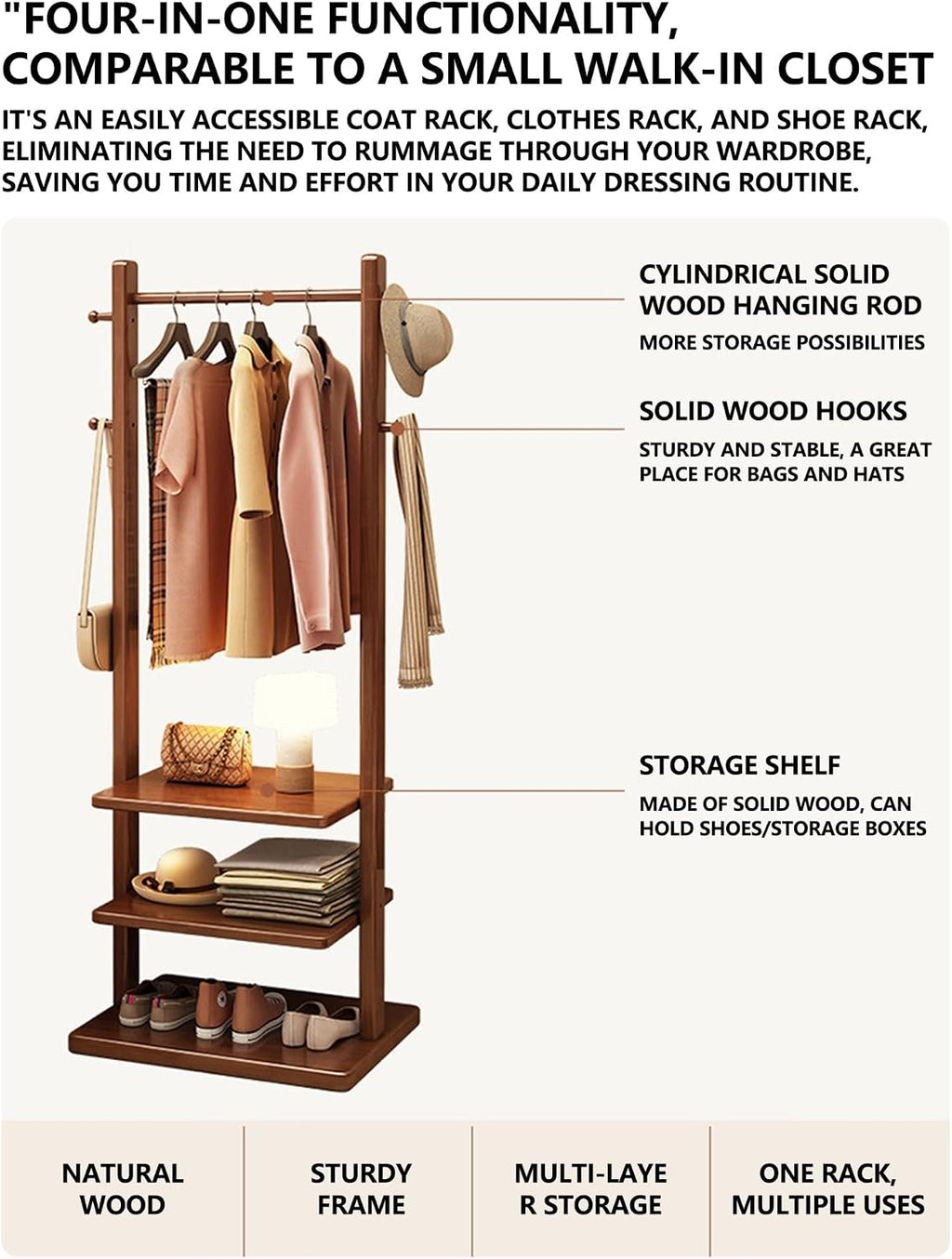 Solid Wood Coat Rack Stand with 3-Tier Shelves & 4 Hooks, Heavy Duty Freestanding Garment Rack for Entryway & Bedroom, Open Wardrobe Clothing Organizer, Walnut Finish(Walnut,23.6in)