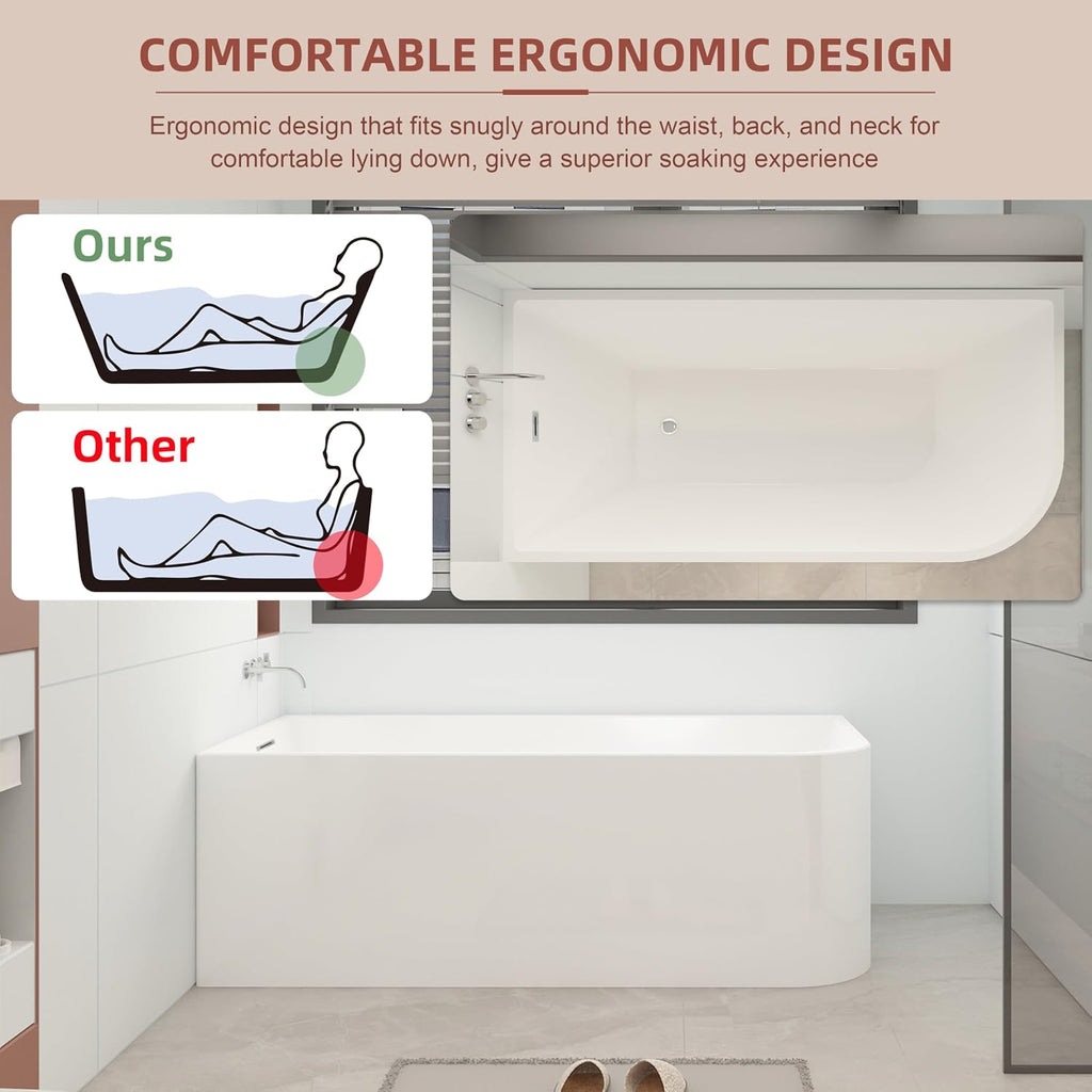 59 inch Corner Wave Style Left Drain Freestanding Soaking Bathtub, Modern Stand Alone Free Standing Acrylic Durable Tub with Left Hand Drain & Overflow, Glossy White